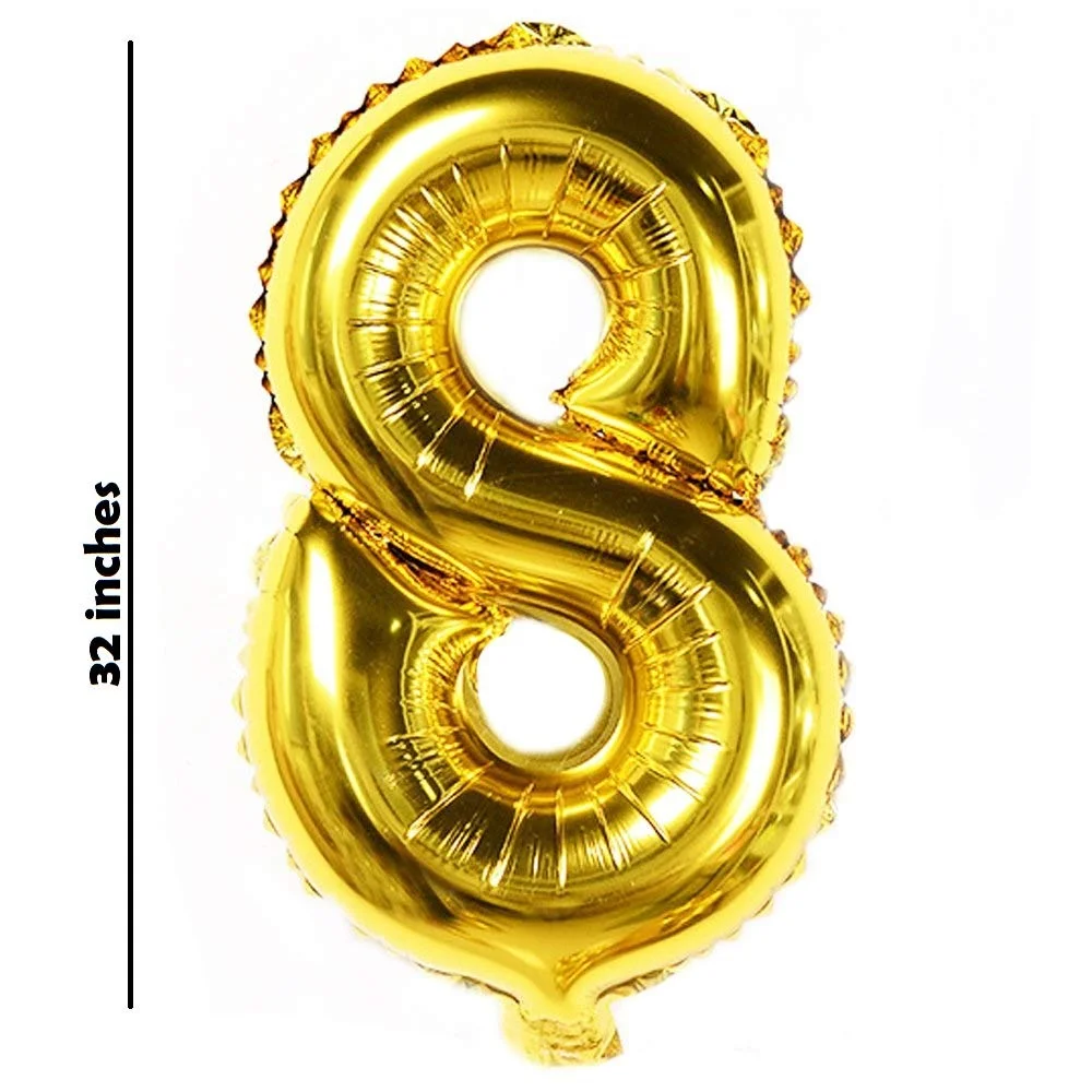 32 Inches Number Foil Balloon, Gold Color, Number 8 - Premium Handcrafted 300 GSM Foil Balloon by Party Decor Mall India - View 2