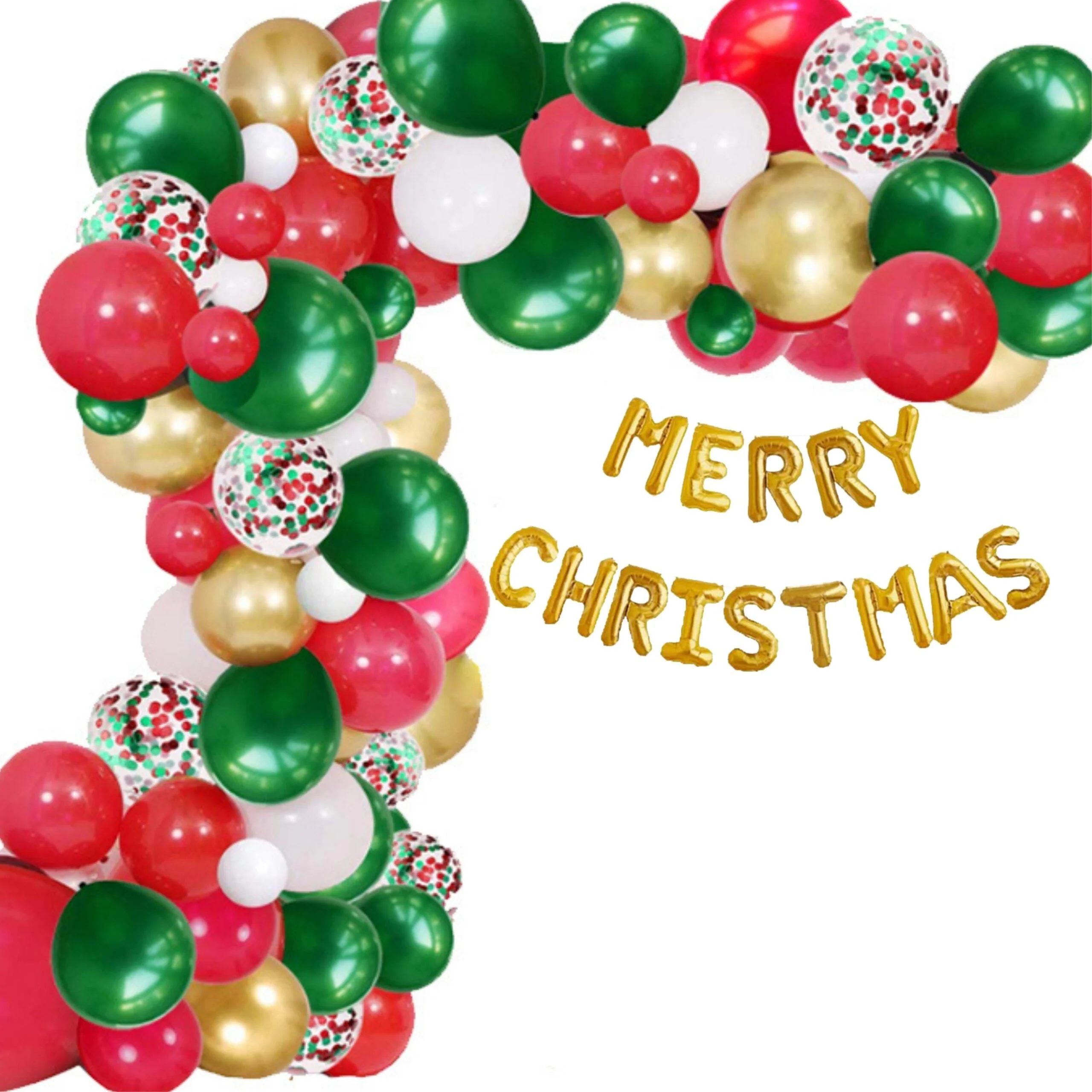 Merry Christmas Decoration DIY KIT - Golden Foil Merry Christmas, Golden Green & Red Balloons and Mix Confetti Balloon - Premium Handcrafted 300 GSM Balloons by Party Decor Mall India - View 2