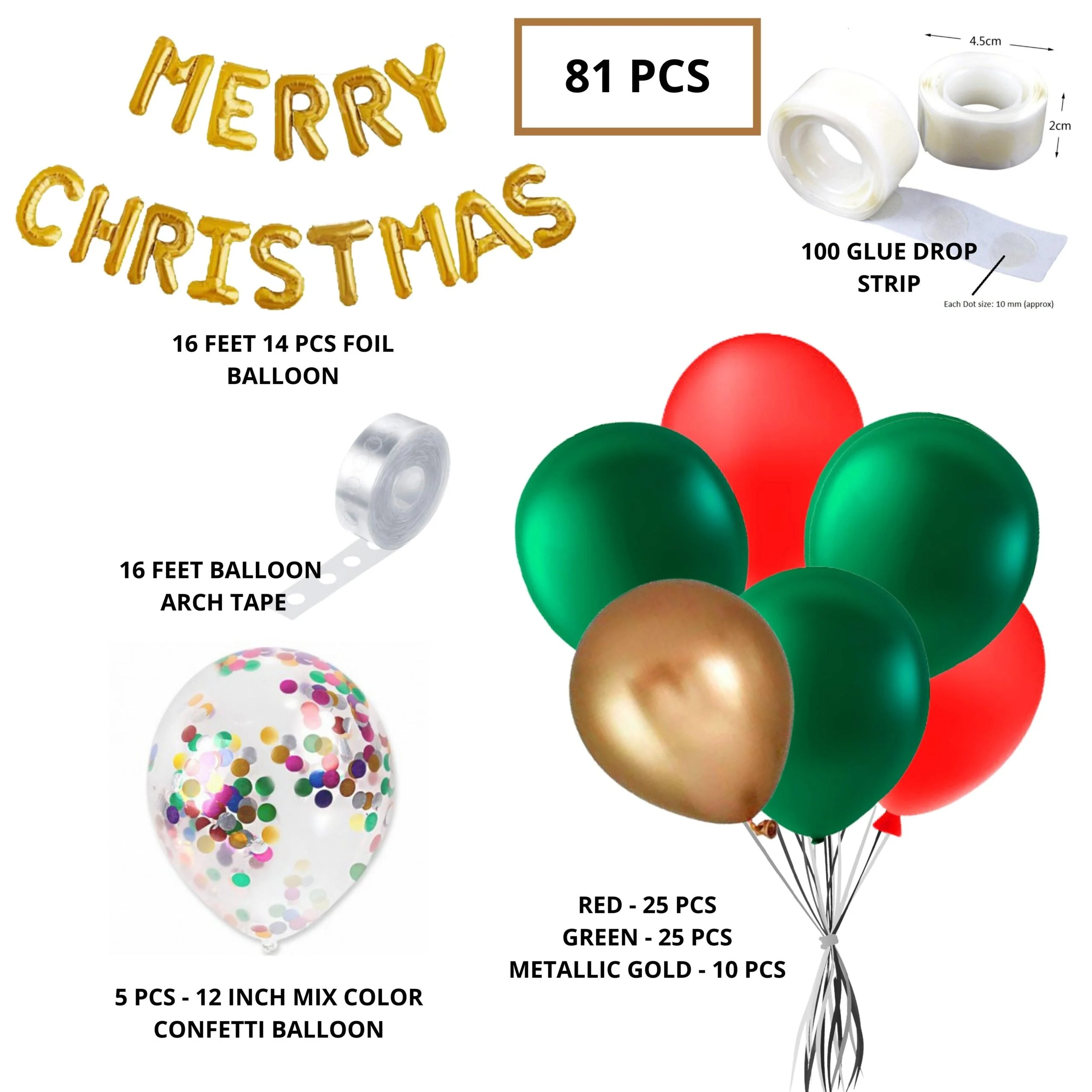 Merry Christmas Decoration DIY KIT - Golden Foil Merry Christmas, Golden Green & Red Balloons and Mix Confetti Balloon - Premium Handcrafted 300 GSM Balloons by Party Decor Mall India - View 3