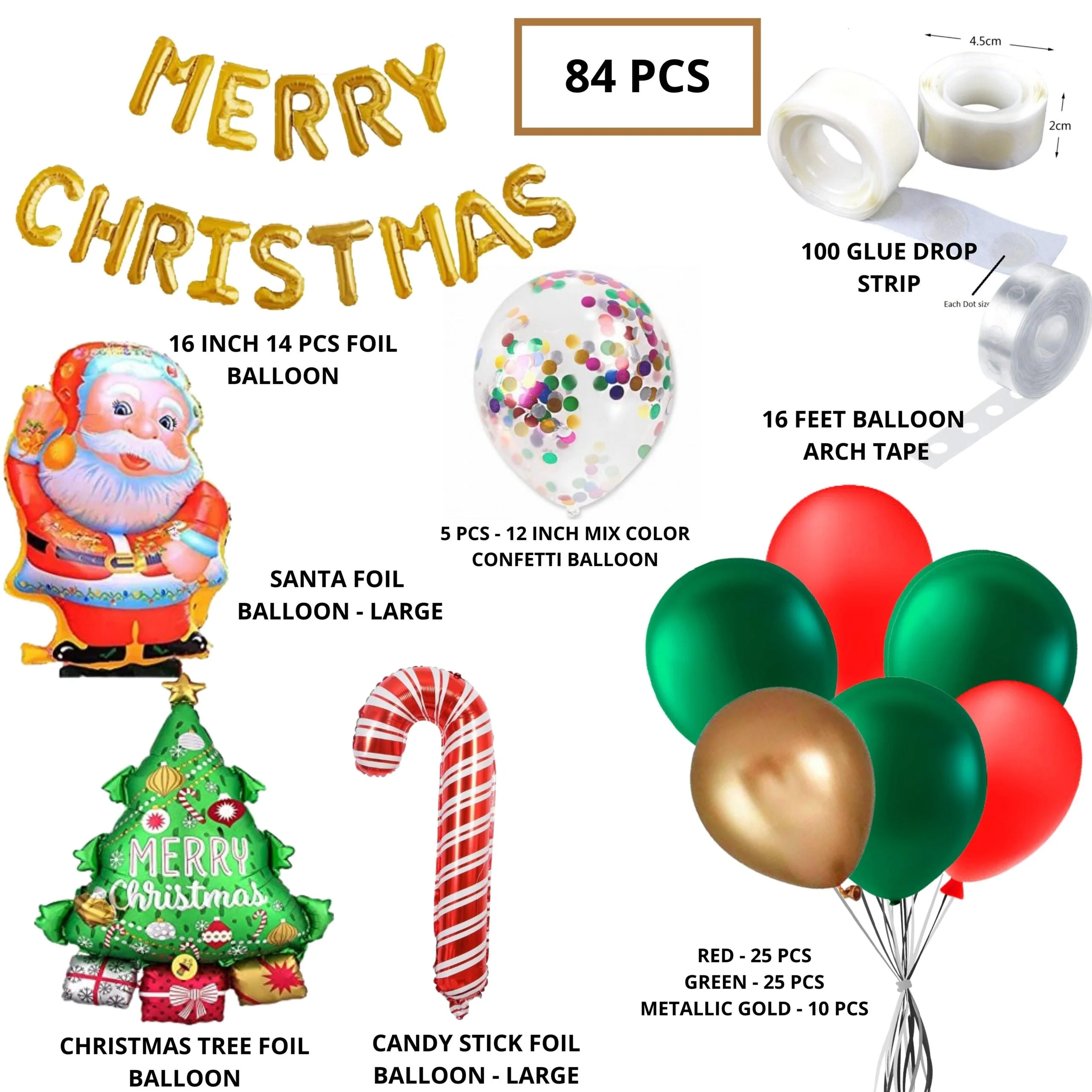 Merry Christmas Decoration – Golden Foil Merry Christmas, Metallic Gold, Green & Red Balloons, Santa, stick Foil & Mix Confetti Balloon(84 pcs) - Premium Handcrafted 300 GSM Balloons by Party Decor Mall India - View 2