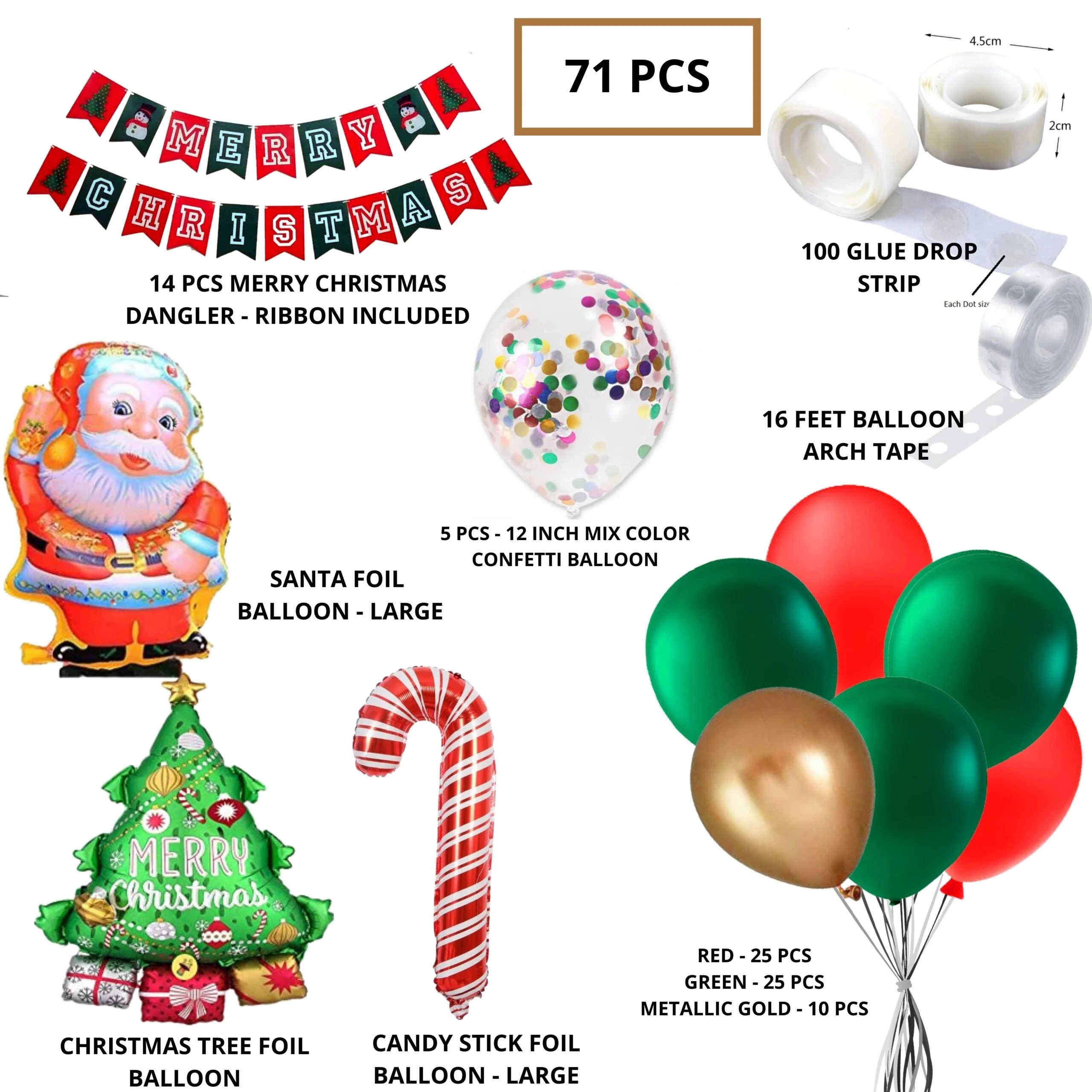 Merry Christmas Red & Green Merry Christmas Banner, Metallic Gold, Green, Red , Santa, Christmas Tree & stick Foil, Mix Confetti Balloon(71 pcs) - Premium Handcrafted 300 GSM Party Supply by Party Decor Mall India - View 2