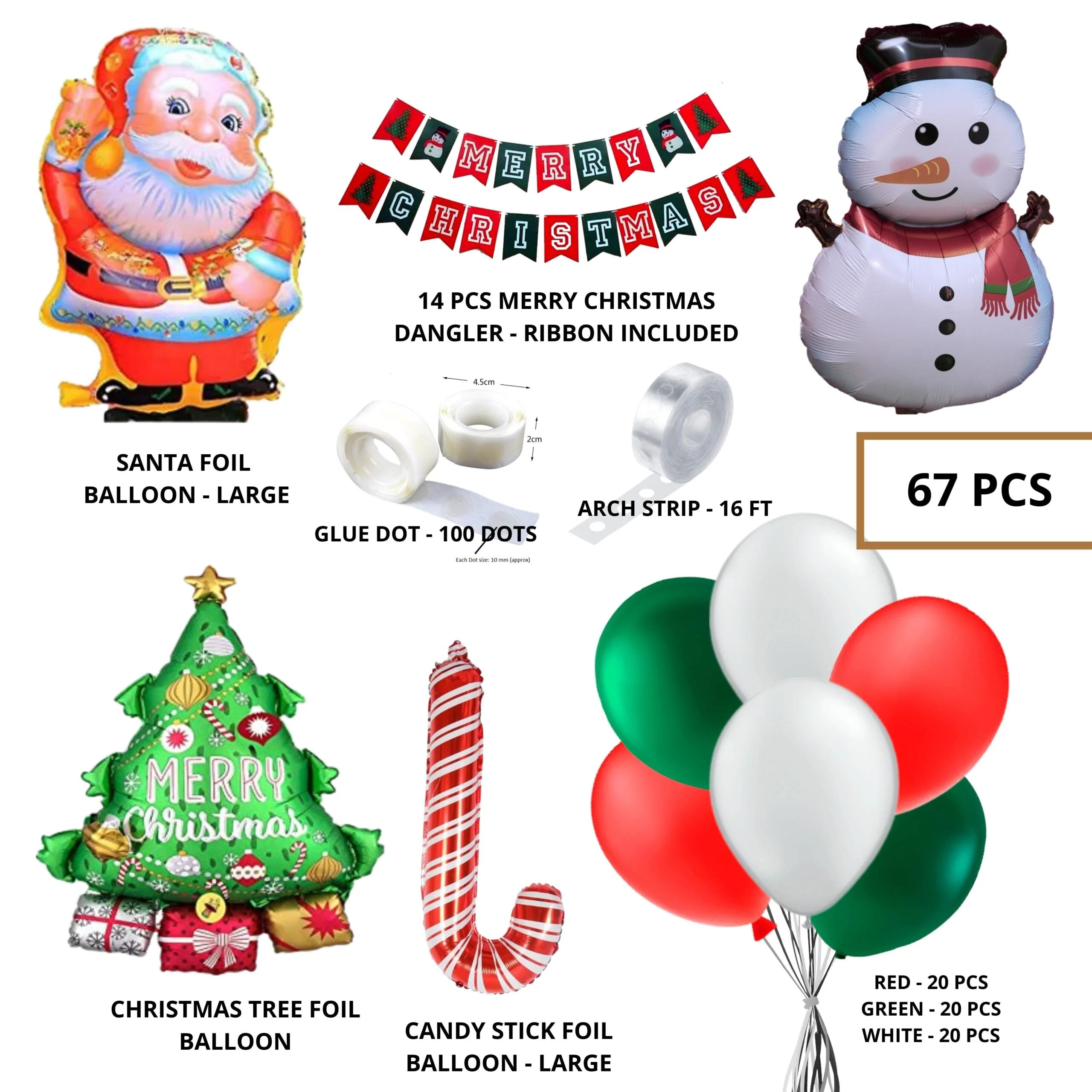 Green, Red, White Latex Balloons, Red & Green Merry Christmas Banner, Santa Foil , Merry Christmas Tree Foil, Snowman Foil, Candy Stick Foil (67 PCS) - Premium Handcrafted 300 GSM Latex Balloons, Balloons by Party Decor Mall India - View 2