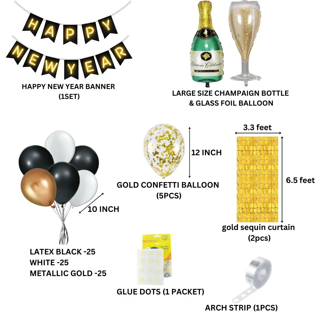 Happy New Year Black & Gold Decoration with Bottle Glass Foil Balloon (87 pieces ) - Premium Handcrafted 300 GSM Foil Balloon by Party Decor Mall India - View 2