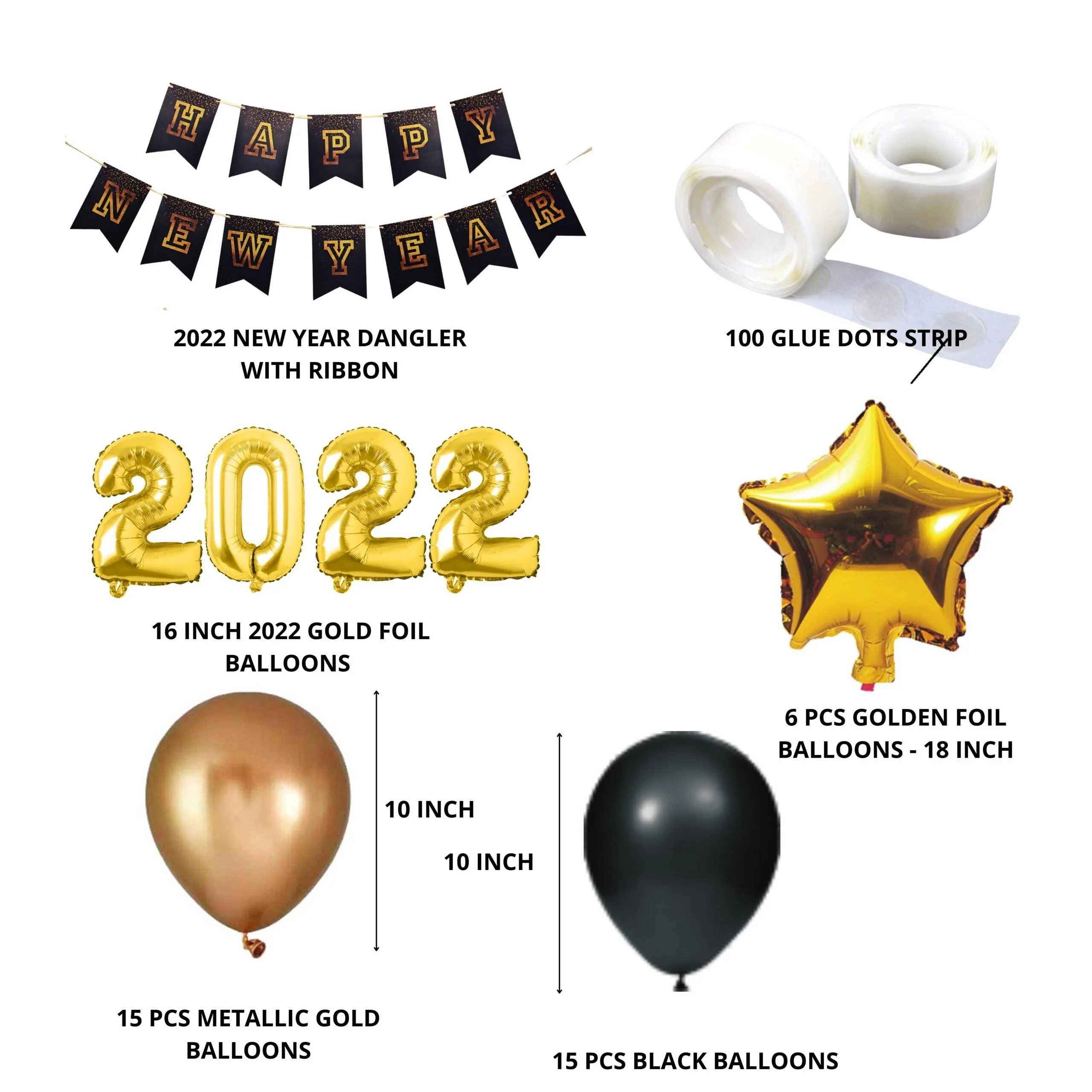Happy New Year Foil Balloons for New Year Celebration Decoration (Golden and Black) - Premium Handcrafted 300 GSM Foil Balloons, Balloons by Party Decor Mall India - View 2