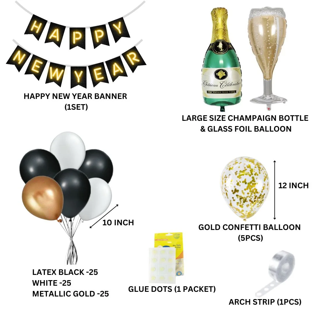 Happy New Year Black & Gold Decoration with Bottle Glass Foil Balloon (85 pieces ) - Premium Handcrafted 300 GSM Foil Balloon by Party Decor Mall India - View 2