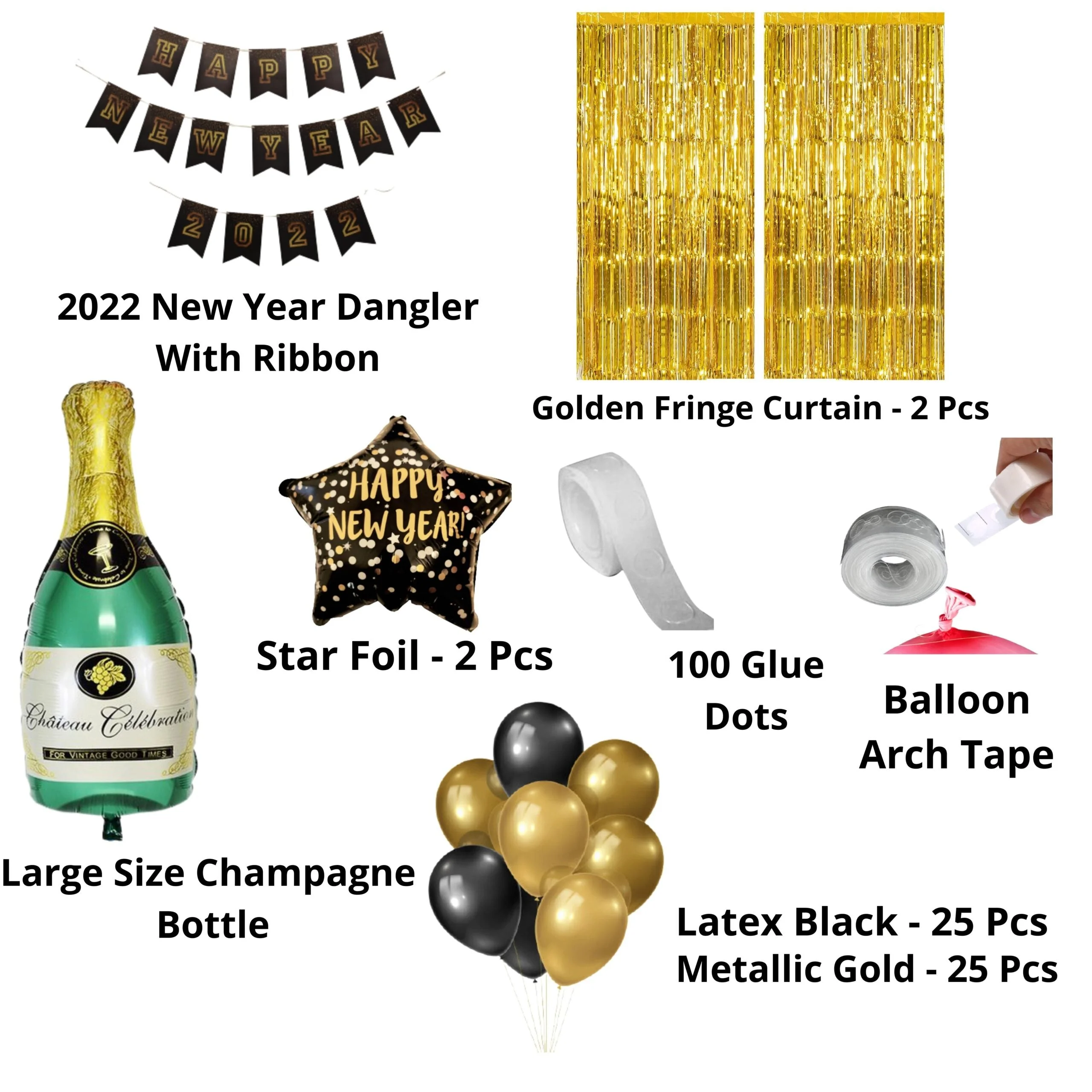 Happy New Year Banner for Decorations 2023 – Black and Gold Letters Banner, Golden Foil Curtain & Large Size Champagne and Latex Balloons (58 pcs ) - Premium Handcrafted 300 GSM Latex Balloons, Balloons by Party Decor Mall India - View 2