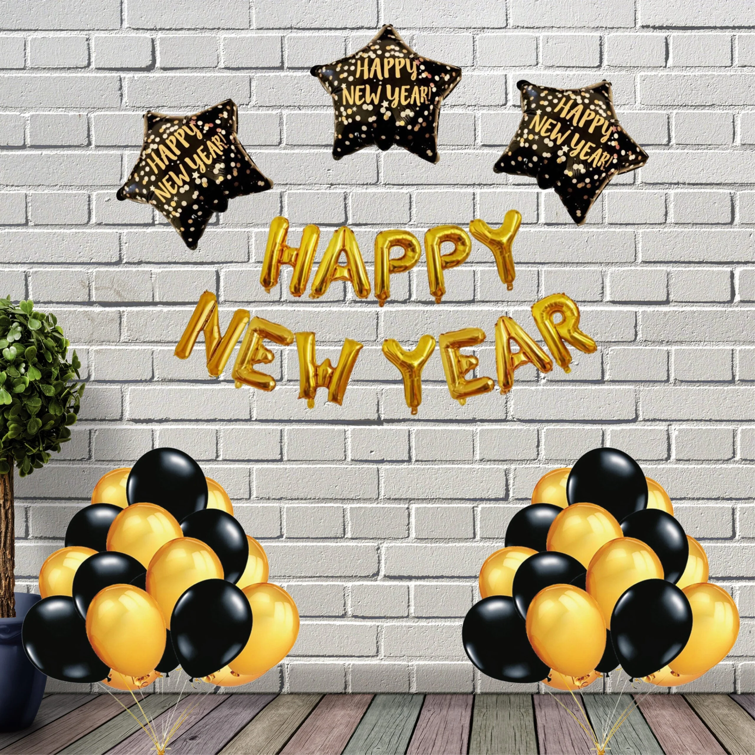 Happy New Year Foil Balloon Gold, Happy New Year Printed Star, Golden Metallic and latex Black Balloon ( 56 Pcs ) - Premium Handcrafted 300 GSM Foil Balloon by Party Decor Mall India - View 1