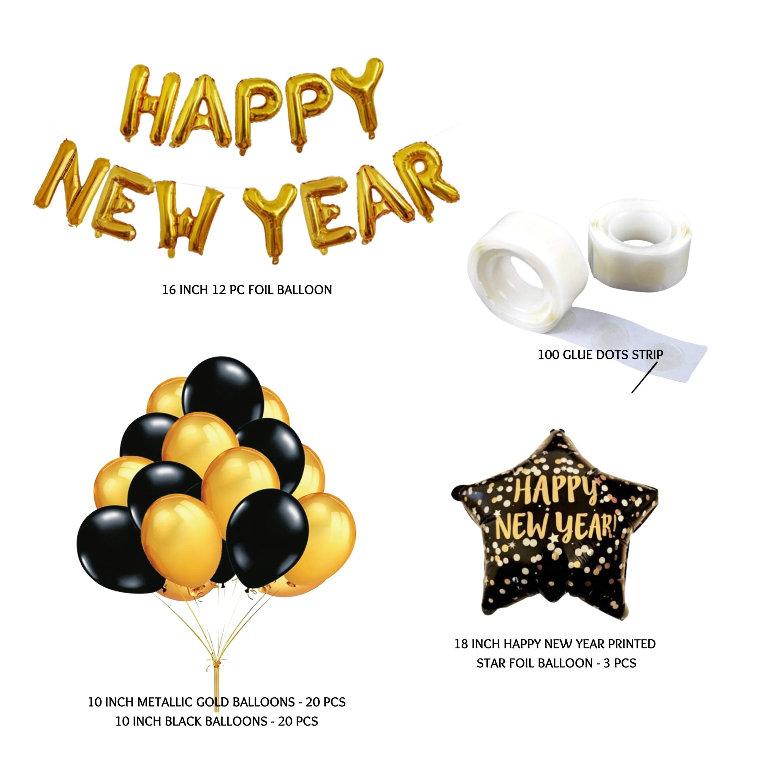 Happy New Year Foil Balloon Gold, Happy New Year Printed Star, Golden Metallic and latex Black Balloon ( 56 Pcs ) - Premium Handcrafted 300 GSM Foil Balloon by Party Decor Mall India - View 2