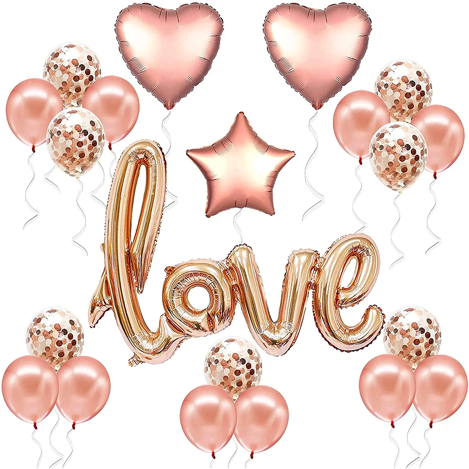 Love Shape Letter Foil Balloon with Rose Gold Confetti and Rose Gold Metallic Balloons for Birthday Wedding Valentine’s Day (21 piece) - Premium Handcrafted 300 GSM Balloons by Party Decor Mall India - View 1
