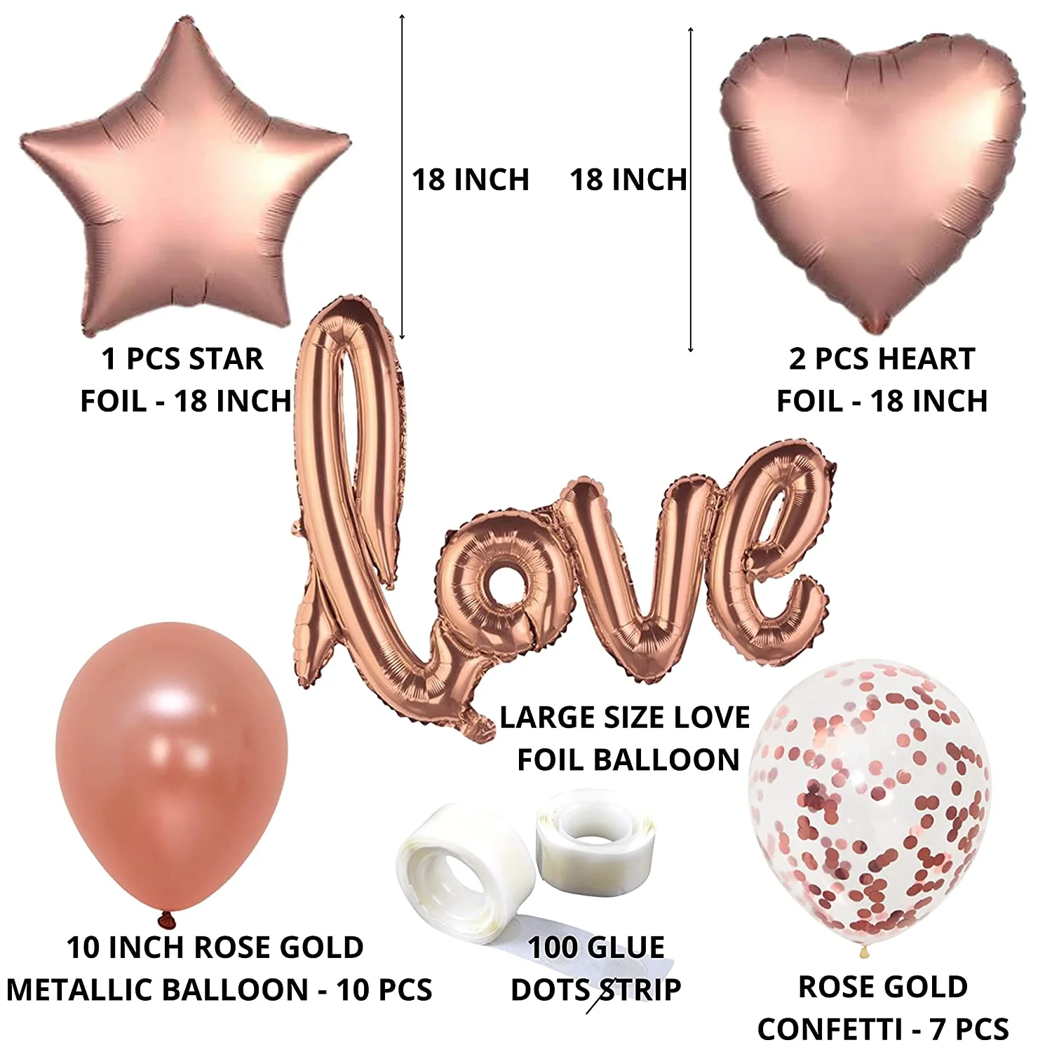 Love Shape Letter Foil Balloon with Rose Gold Confetti and Rose Gold Metallic Balloons for Birthday Wedding Valentine’s Day (21 piece) - Premium Handcrafted 300 GSM Balloons by Party Decor Mall India - View 2