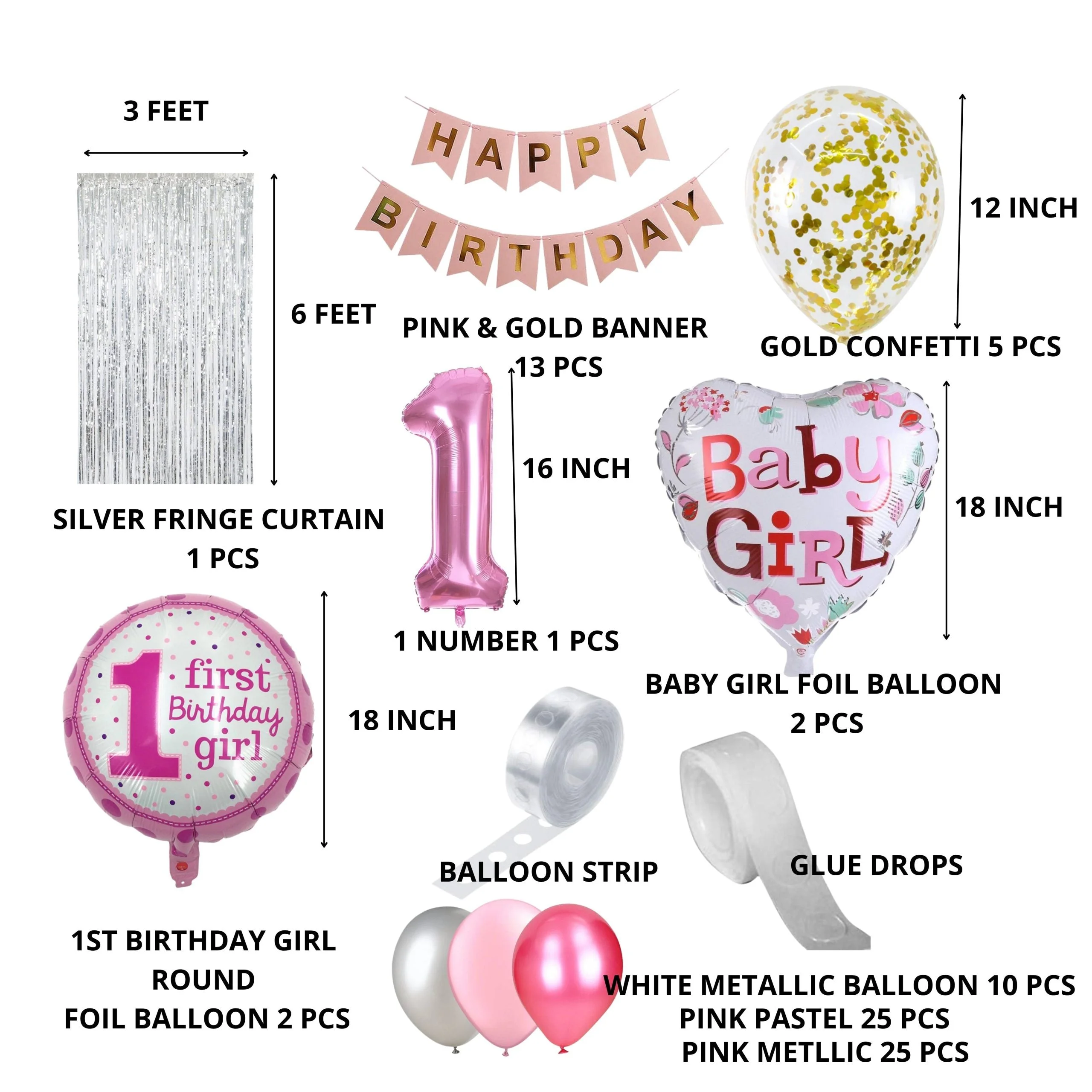 1st Birthday Decoration For Girl Happy Birthday Foil Balloon, Metallic Balloons Combo Girls Birthday Supplies (109 Pcs) - Premium Handcrafted 300 GSM Birthday Decoration, Balloons by Party Decor Mall India - View 2
