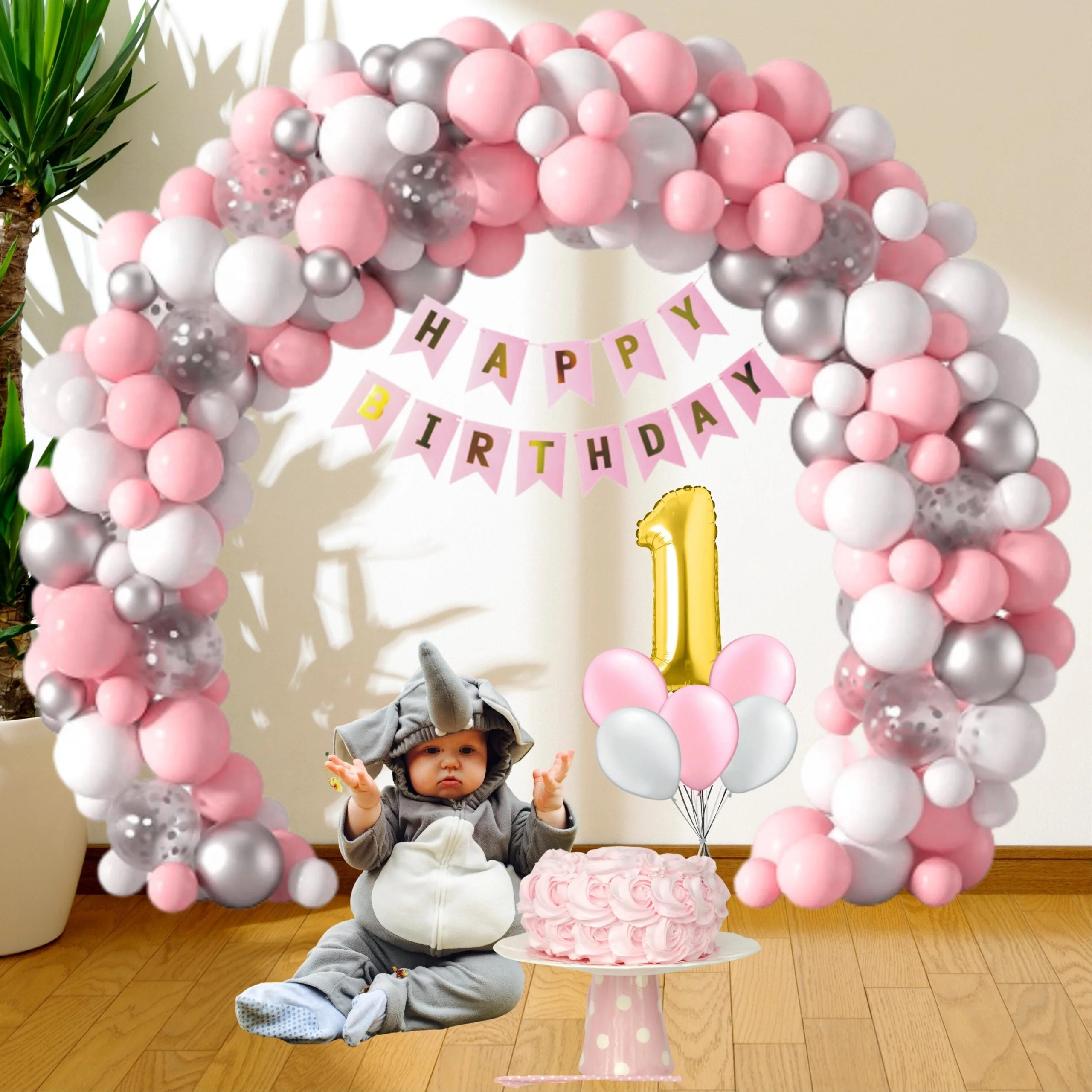 91 Pcs DIY Happy Birthday Kit – White, Pink Pastel & Silver Metallic Balloons, Confetti Balloon, Gold 1 Number,& Pink Happy Birthday Banner