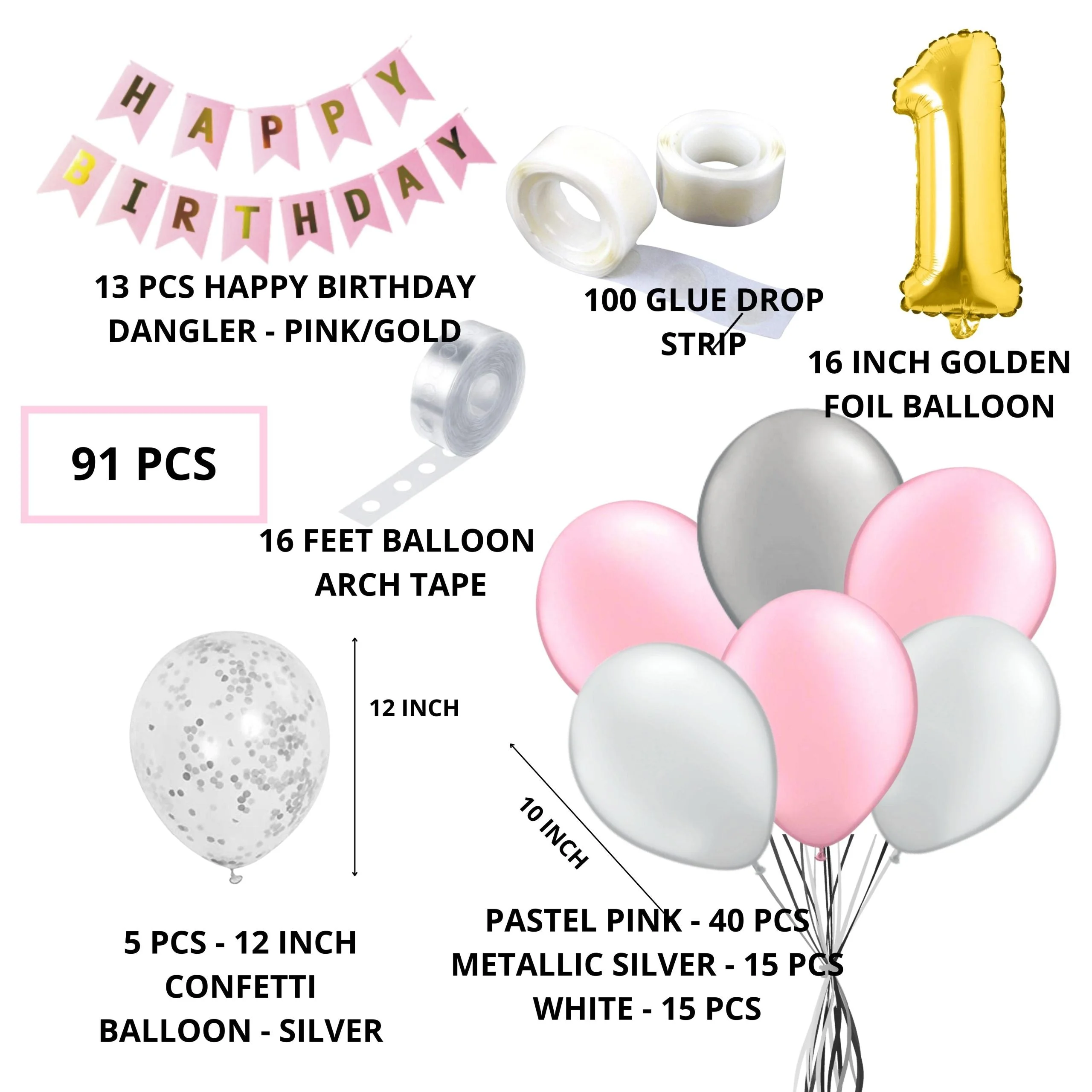 91 Pcs DIY Happy Birthday Kit – White, Pink Pastel & Silver Metallic Balloons, Confetti Balloon, Gold 1 Number,& Pink Happy Birthday Banner - Premium Handcrafted 300 GSM Birthday Decoration, Balloons by Party Decor Mall India - View 2