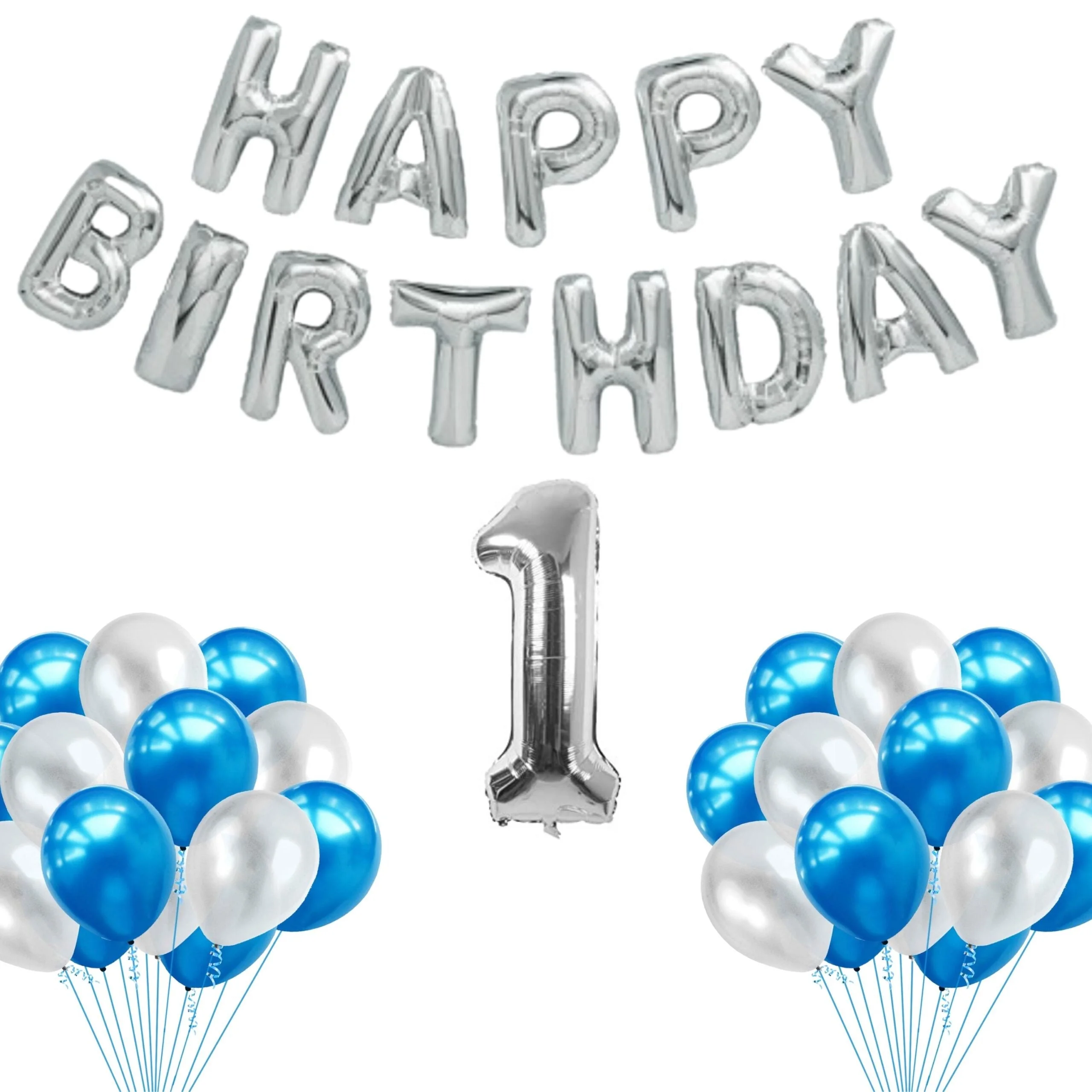 65 Pieces Blue & White, Happy Birthday Kit - Premium Handcrafted 300 GSM Balloon Kit by Party Decor Mall India - View 1