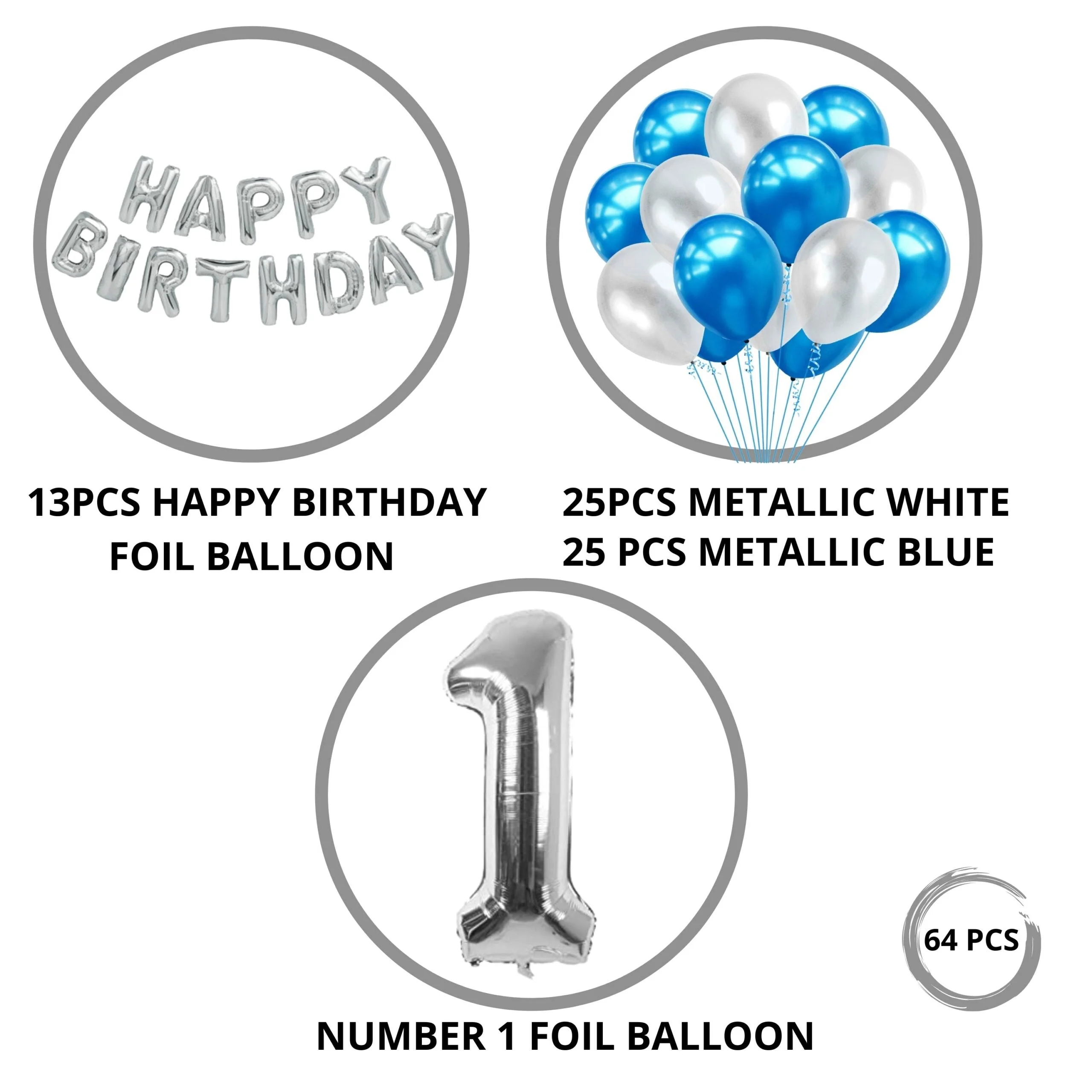 65 Pieces Blue & White, Happy Birthday Kit - Premium Handcrafted 300 GSM Balloon Kit by Party Decor Mall India - View 3