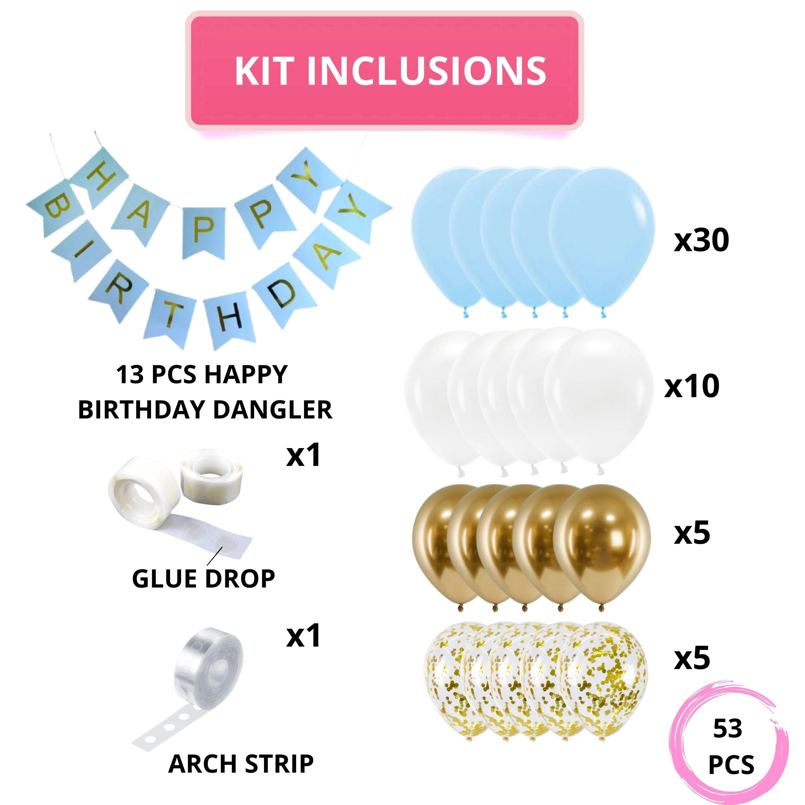 53PCS - Blue, Golden & White Balloon Birthday Decor Kit for Girls. - Premium Handcrafted 300 GSM Balloon Kit by Party Decor Mall India - View 2