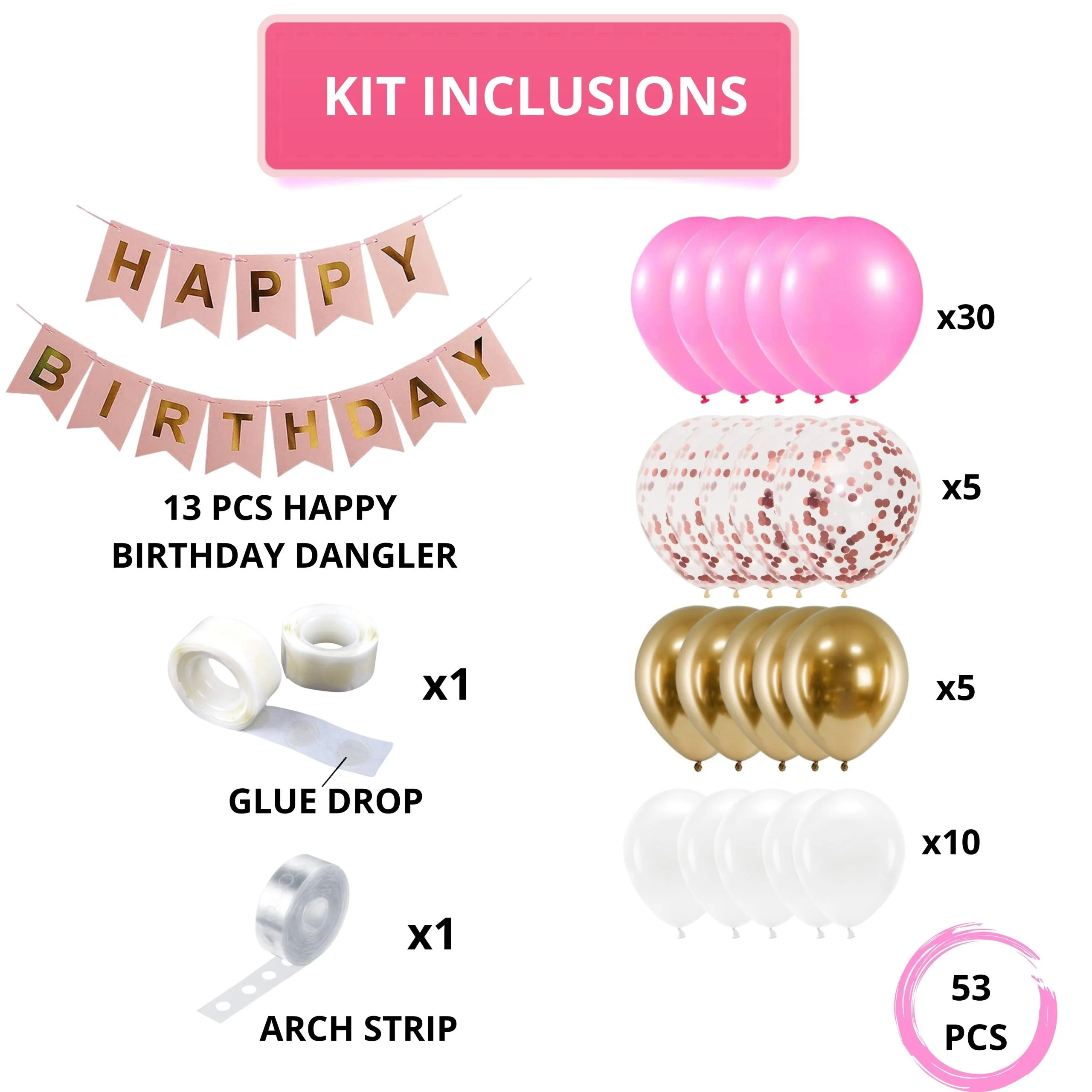 53PCS Birthday for Girls, Boys Garland Kit With Birthday Banner 12 Inches Confetti RoseGold 10″ Pastel Pink Golden Chrome & White Latex Balloon - Premium Handcrafted 300 GSM Birthday Decoration by Party Decor Mall India - View 2