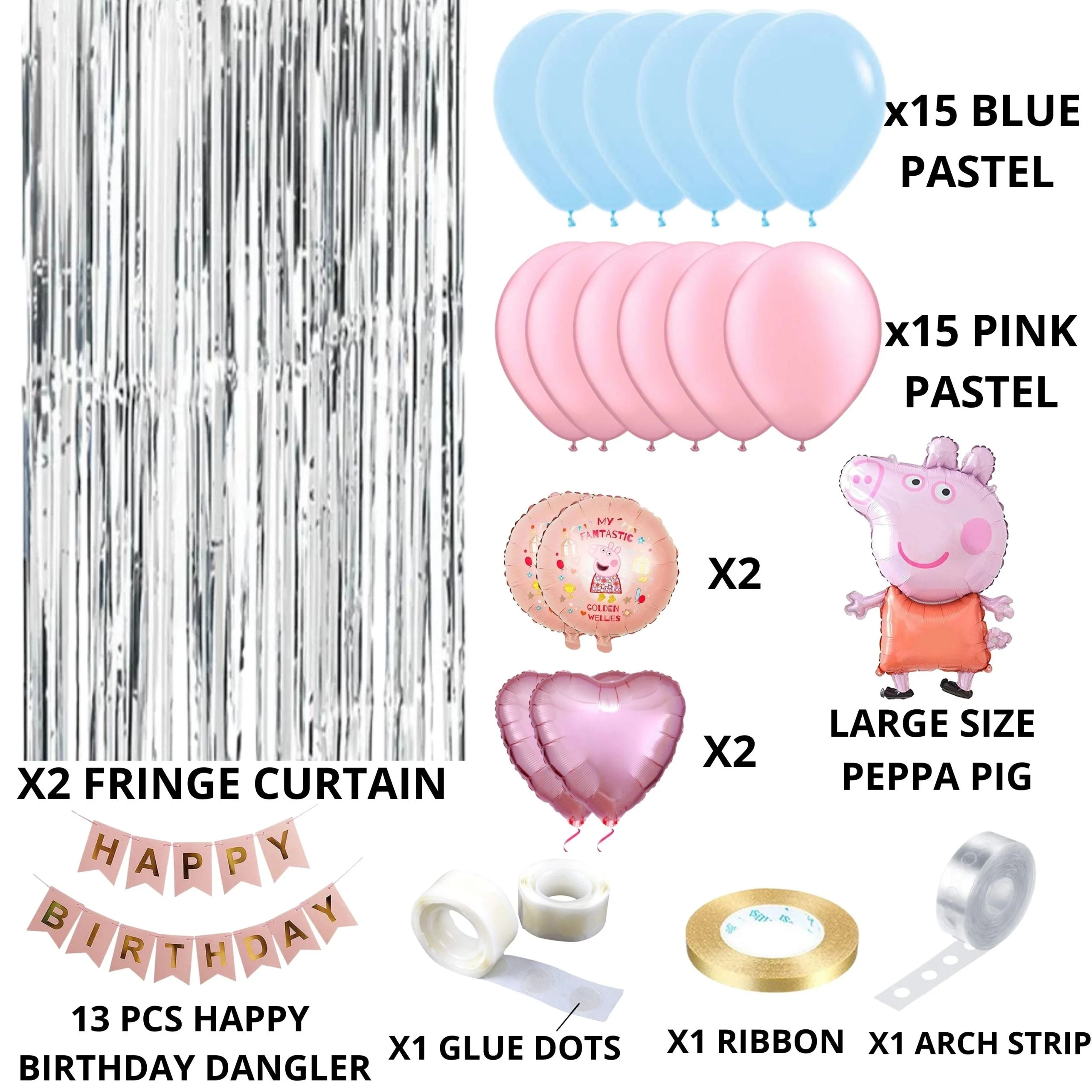 40Pcs Peppa Pig Theme Birthday Decoration  for Baby Kids Girls Boys, Peppa Pig Foil Balloon & Banner, Pastel Pink & Blue Balloons, Silver Curtains - Premium Handcrafted 300 GSM Birthday Decoration, Balloons by Party Decor Mall India - View 2