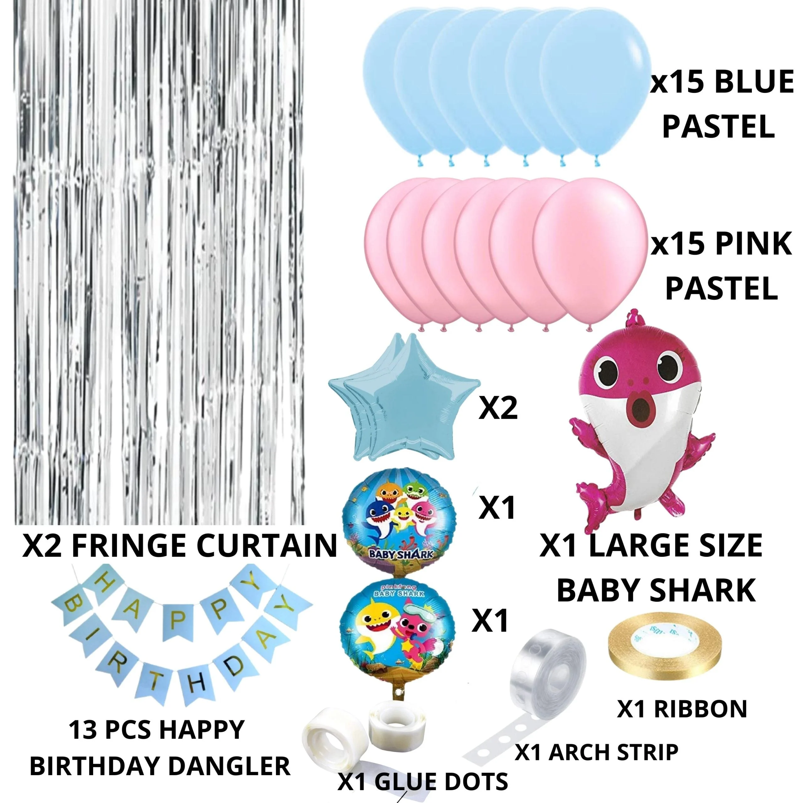 40Pcs Baby Shark Theme Birthday Decoration for Kids Girls Boys, Baby Shark Foil Balloon & Banner, Pastel Pink & Pastel Blue Balloons, Silver Curtains - Premium Handcrafted 300 GSM Birthday Decoration, Balloons by Party Decor Mall India - View 2