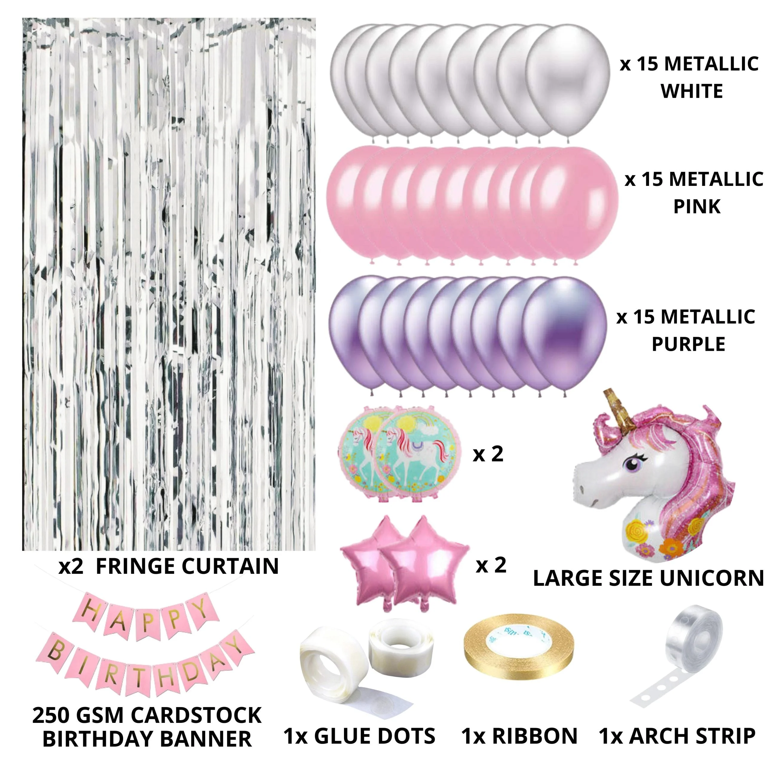 A Perfect Unicorn Theme Decoration for Birthday, includes:-  BIG Unicorn Foil Balloon, Unicorn Banner, Pink/White/Purple Balloons Silver Curtains - Premium Handcrafted 300 GSM Balloons by Party Decor Mall India - View 2
