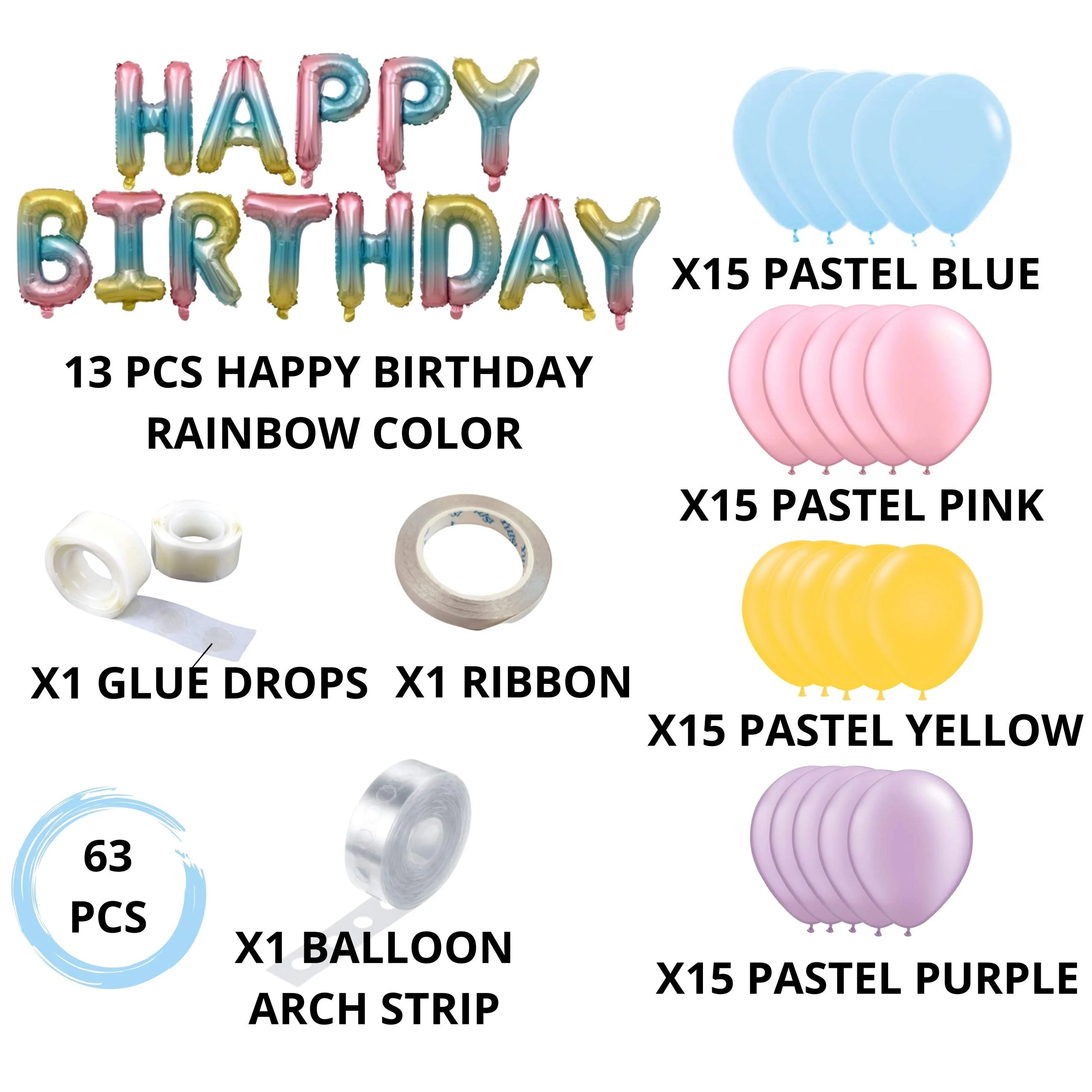Happy Birthday Rainbow Theme Balloons Set of 63 Pcs - Premium Handcrafted 300 GSM Balloons by Party Decor Mall India - View 2
