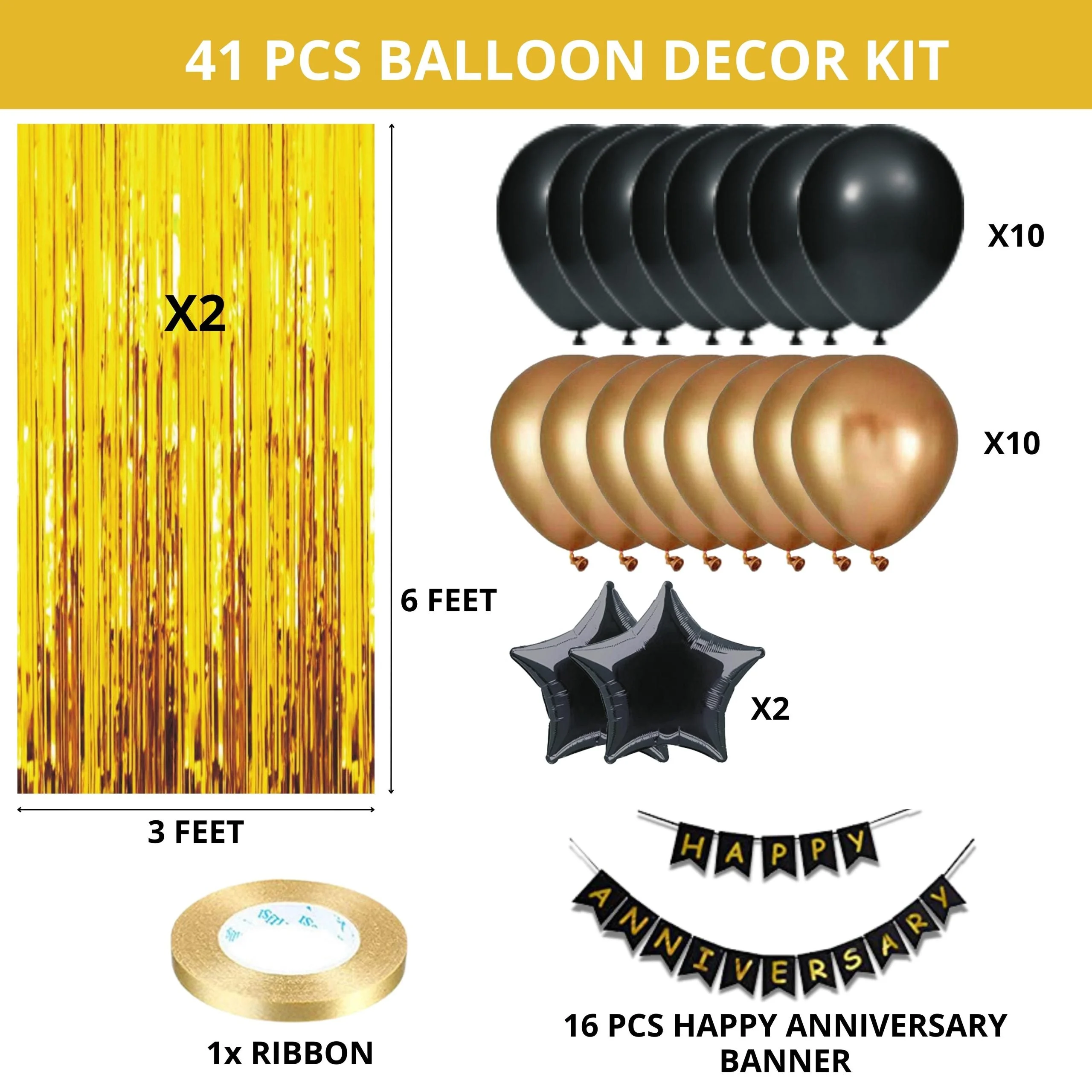 41PCS Happy Anniversary Black & Gold Balloon Decor Kit - Premium Handcrafted 300 GSM Party Supply by Party Decor Mall India - View 2