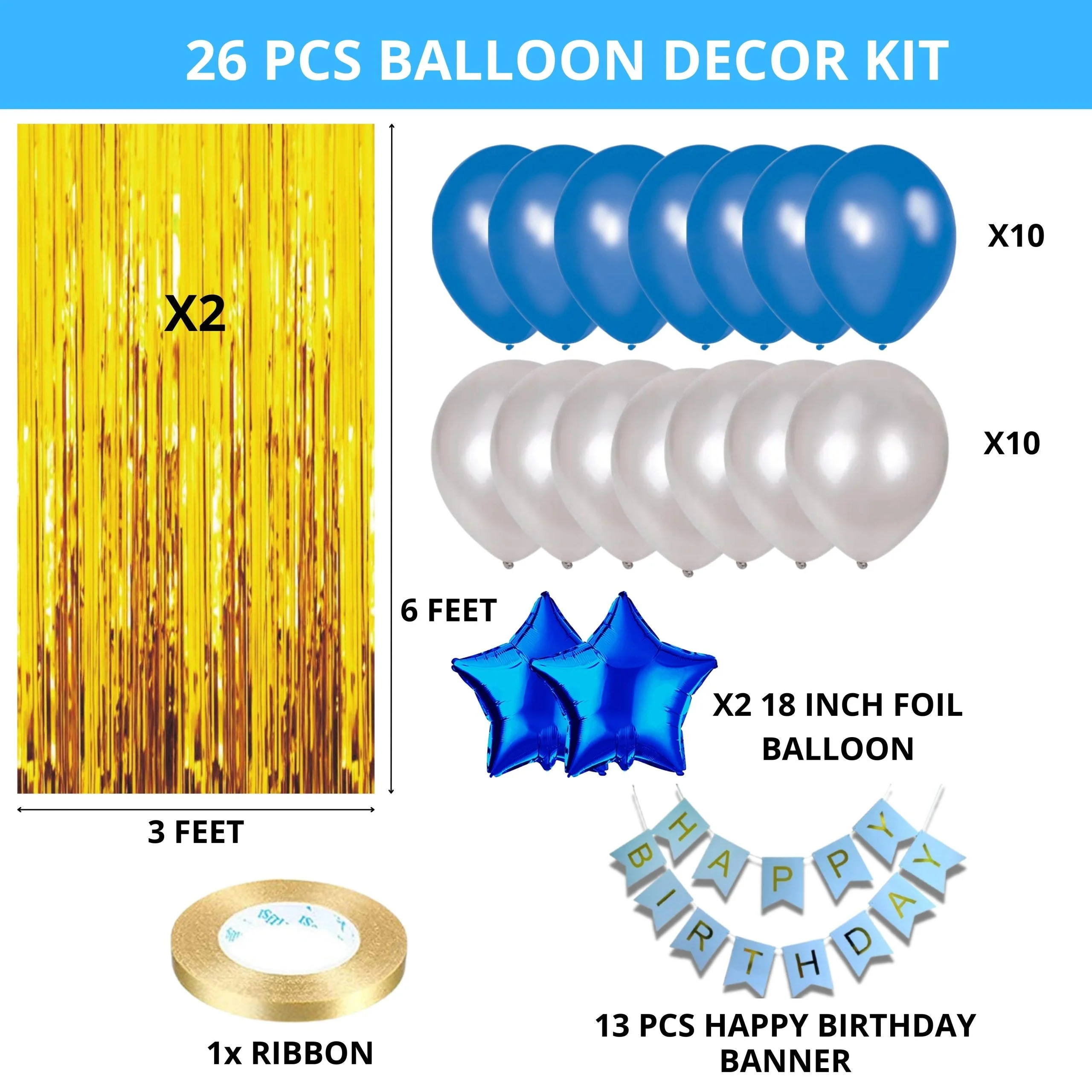 26PCS Happy Birthday Blue & White  Balloon Decor Kit - Premium Handcrafted 300 GSM Party Supply by Party Decor Mall India - View 2