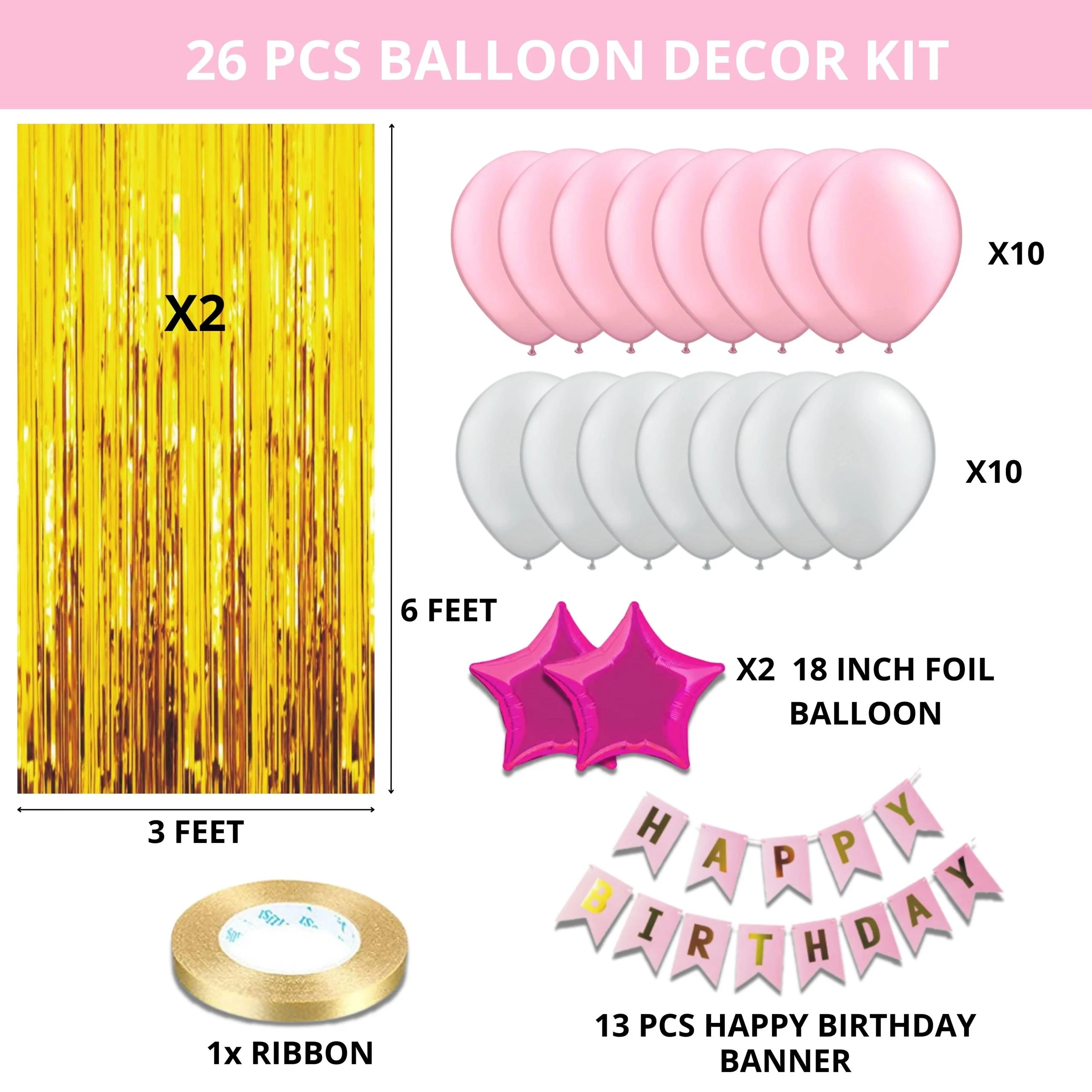26PCS Happy Birthday Pink & White Balloon Decor Kit - Premium Handcrafted 300 GSM Party Supply by Party Decor Mall India - View 2