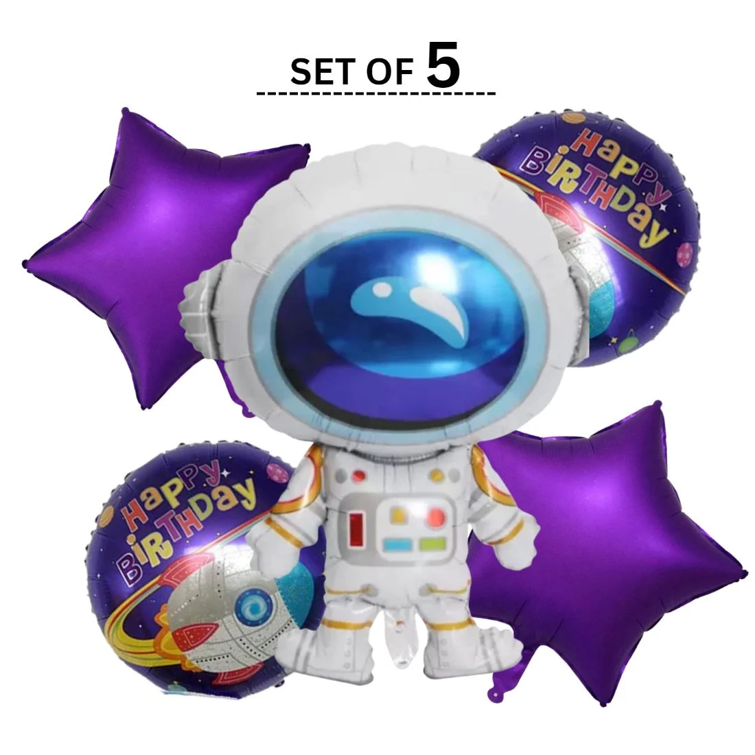 Party Decor Mall – Astronaut Happy Birthday Foil Balloon Set for Space Purple Theme Birthday Party – Pack of 5 - Premium Handcrafted 300 GSM Balloon Kit by Party Decor Mall India - View 5