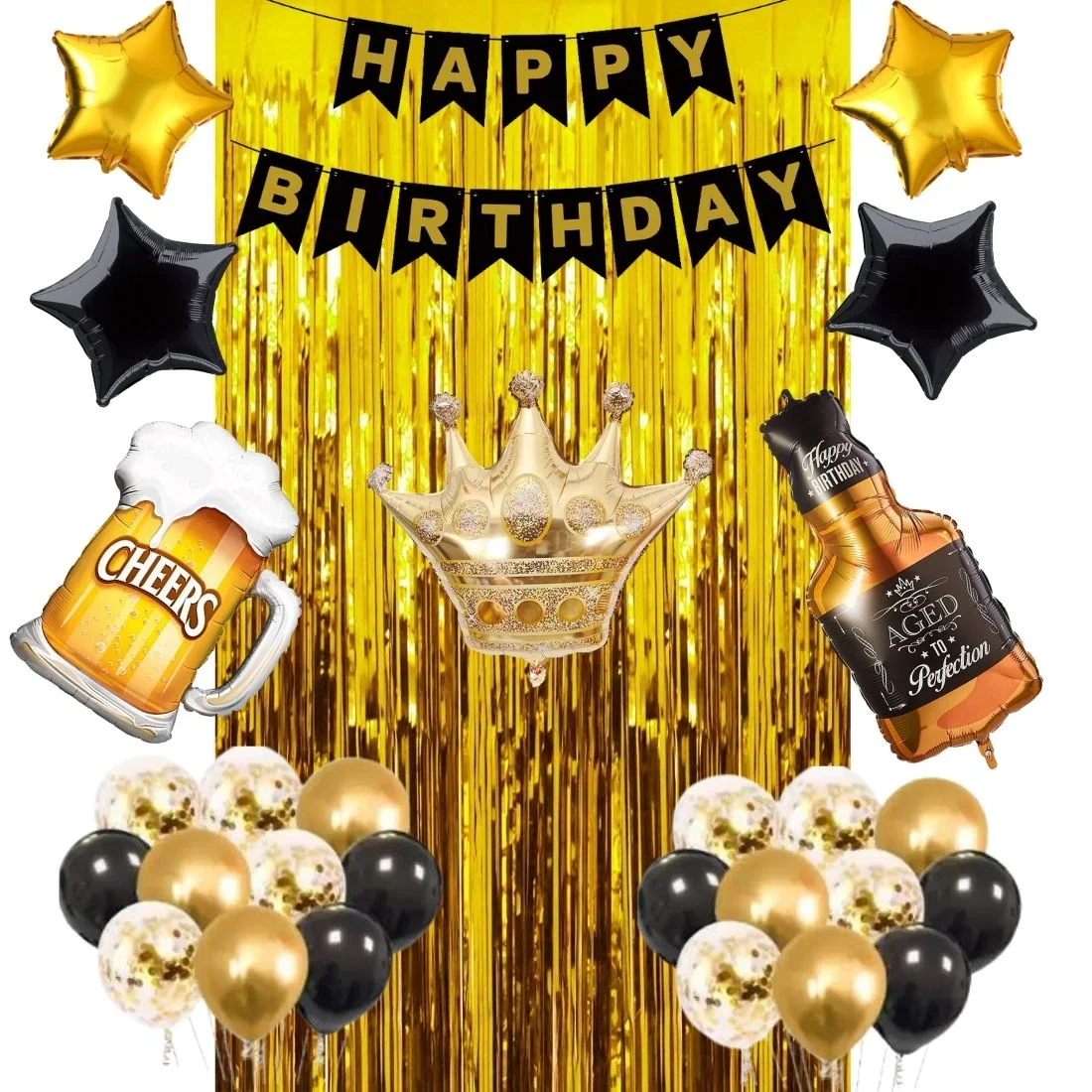 36Pcs Balloons Decorations Kit, Age Perfect, Cheers Mug Foil Balloon, Crown Foil, Star Foil, Metallic Balloons With Gold Curtain - Premium Handcrafted 300 GSM Balloons by Party Decor Mall India - View 1