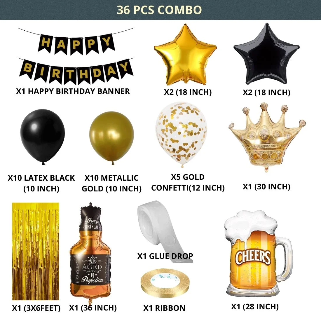 36Pcs Balloons Decorations Kit, Age Perfect, Cheers Mug Foil Balloon, Crown Foil, Star Foil, Metallic Balloons With Gold Curtain - Premium Handcrafted 300 GSM Balloons by Party Decor Mall India - View 2