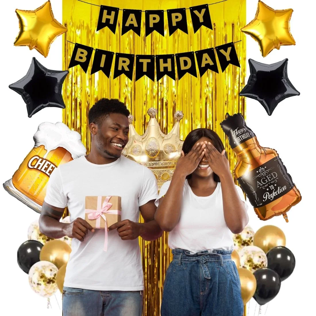 36Pcs Balloons Decorations Kit, Age Perfect, Cheers Mug Foil Balloon, Crown Foil, Star Foil, Metallic Balloons With Gold Curtain - Premium Handcrafted 300 GSM Balloons by Party Decor Mall India - View 3