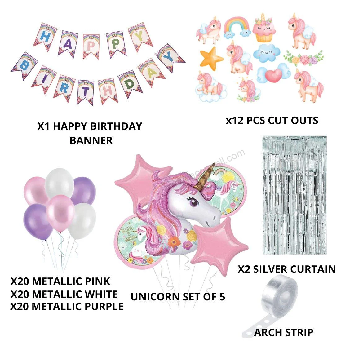 Unicorn Theme Balloon Decor DIY Kit, Balloon, Birthday Banner, Cutouts, Foil Balloons, Backdrop Fringe Curtain - (Pink) (81 Pcs) - Premium Handcrafted 300 GSM Foil Balloons, Balloons by Party Decor Mall India - View 2