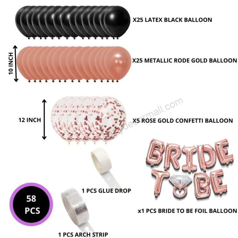 Rose Gold Bride To Be Balloons and Confetti Balloons Black, Metallic Rose Gold Balloons Set for Bridal Shower Decorations -58 Pcs - Premium Handcrafted 300 GSM Balloons by Party Decor Mall India - View 2