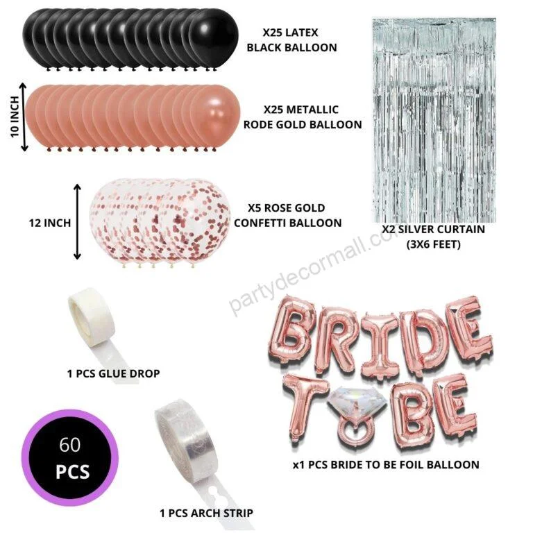 Rose Gold Bride To Be Balloons and Confetti Balloons Black, Metallic Rose Gold Balloons Set for Bridal Shower Decorations -60 Pcs - Premium Handcrafted 300 GSM Balloons by Party Decor Mall India - View 2