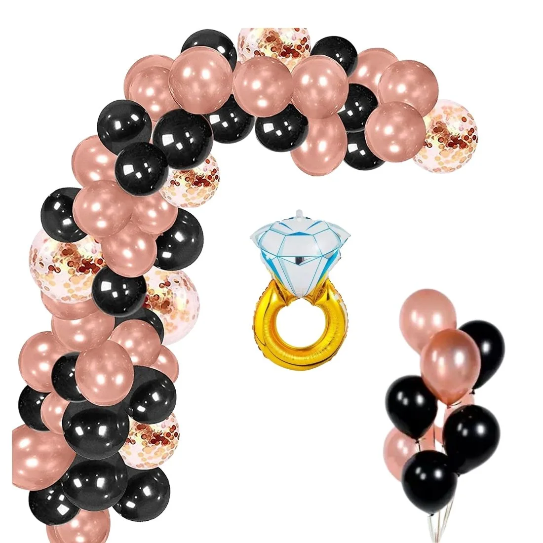 Diamond Ring Shape Foil Balloons for Engagement Decoration, Rose Gold Confetti, Latex Black and Metallic Rose Gold Balloon (58 Pcs) - Premium Handcrafted 300 GSM Foil Balloons, Balloons by Party Decor Mall India - View 1