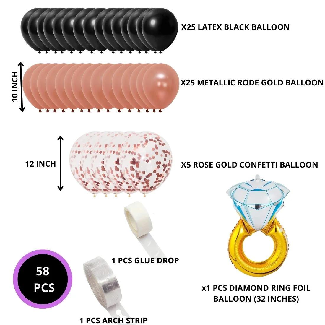 Diamond Ring Shape Foil Balloons for Engagement Decoration, Rose Gold Confetti, Latex Black and Metallic Rose Gold Balloon (58 Pcs) - Premium Handcrafted 300 GSM Foil Balloons, Balloons by Party Decor Mall India - View 2