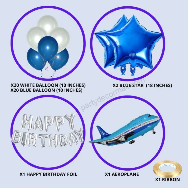 Aeroplane Foil Balloons With Happy Birthday Foil with Blue Star and White ,Blue Balloons, Birthday Theme Party Decoration (45 Pcs) - Premium Handcrafted 300 GSM Foil Balloons, Balloons by Party Decor Mall India - View 2