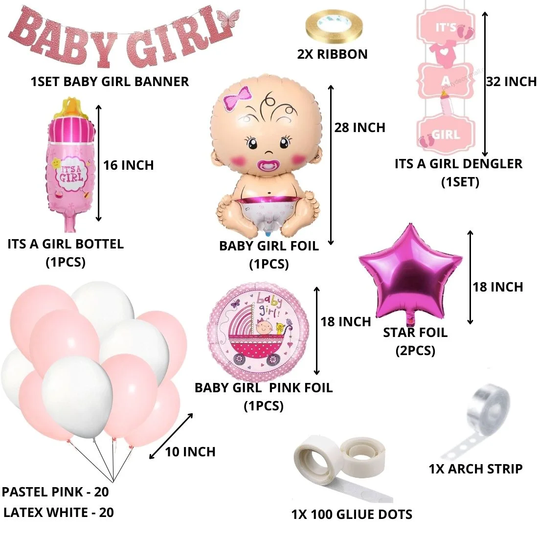 Baby Girl Theme Birthday Decoration DIY Kit (51 Pcs) - Premium Handcrafted 300 GSM Birthday Decoration by Party Decor Mall India - View 2