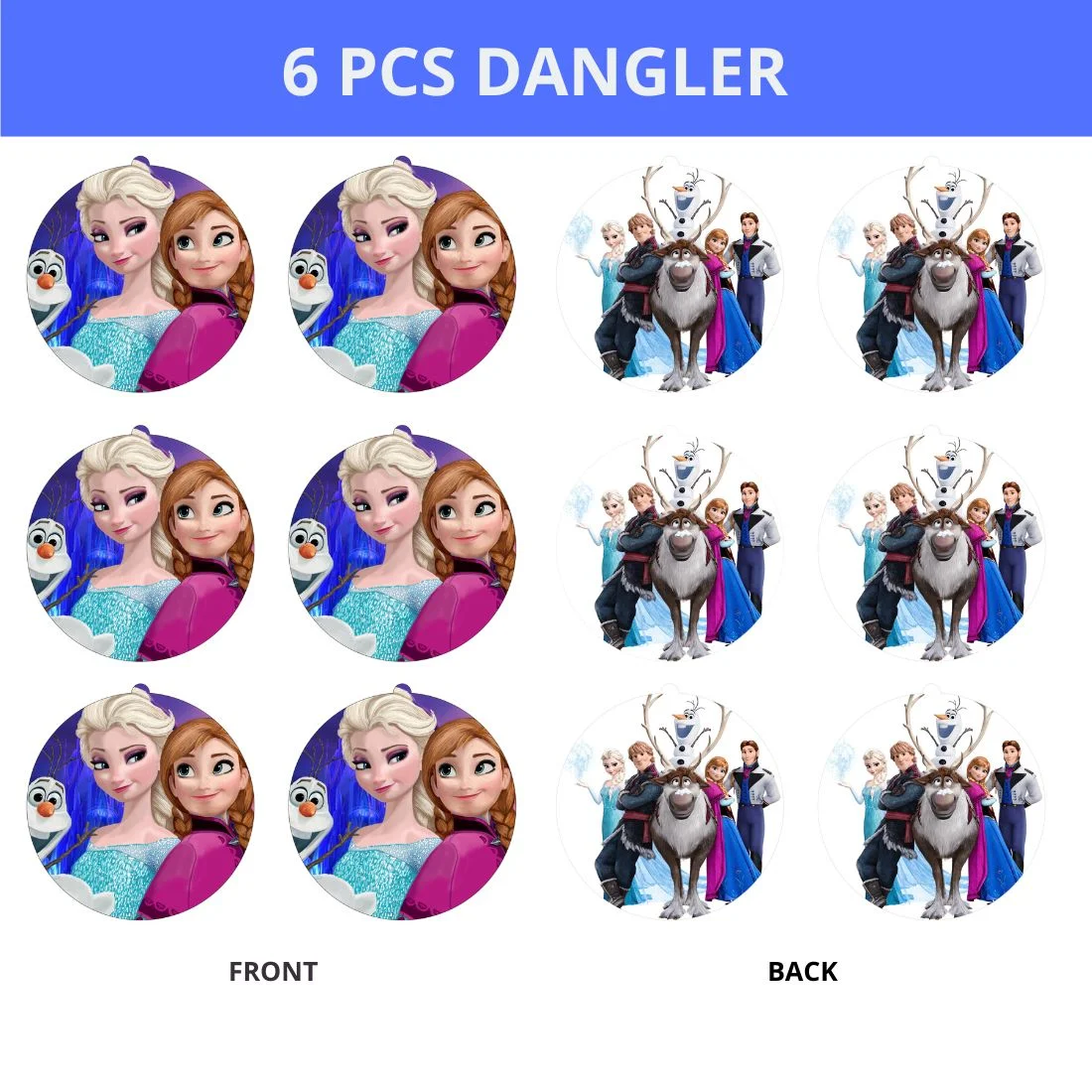 Frozen Princess Theme Hanging Danglers - Set of 6, Double-Sided Prints, 6 Inches Each with Hanging Ribbon - Premium Handcrafted 300 GSM Danglers by Party Decor Mall India - View 3
