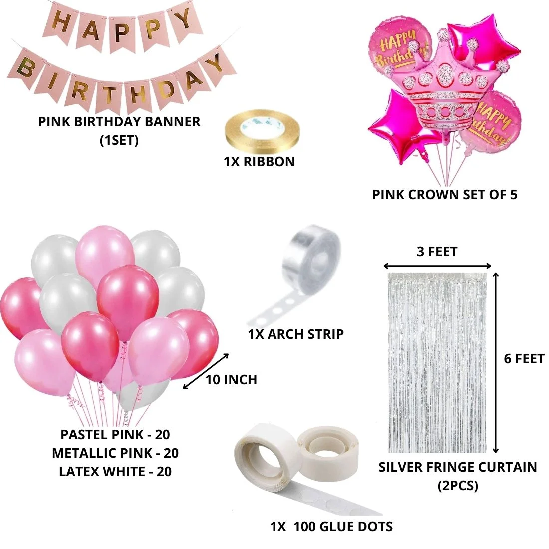 Pink Crown Theme Birthday Balloon Decoration DIY Kit (71 Pcs) - Premium Handcrafted 300 GSM Party Supply by Party Decor Mall India - View 2