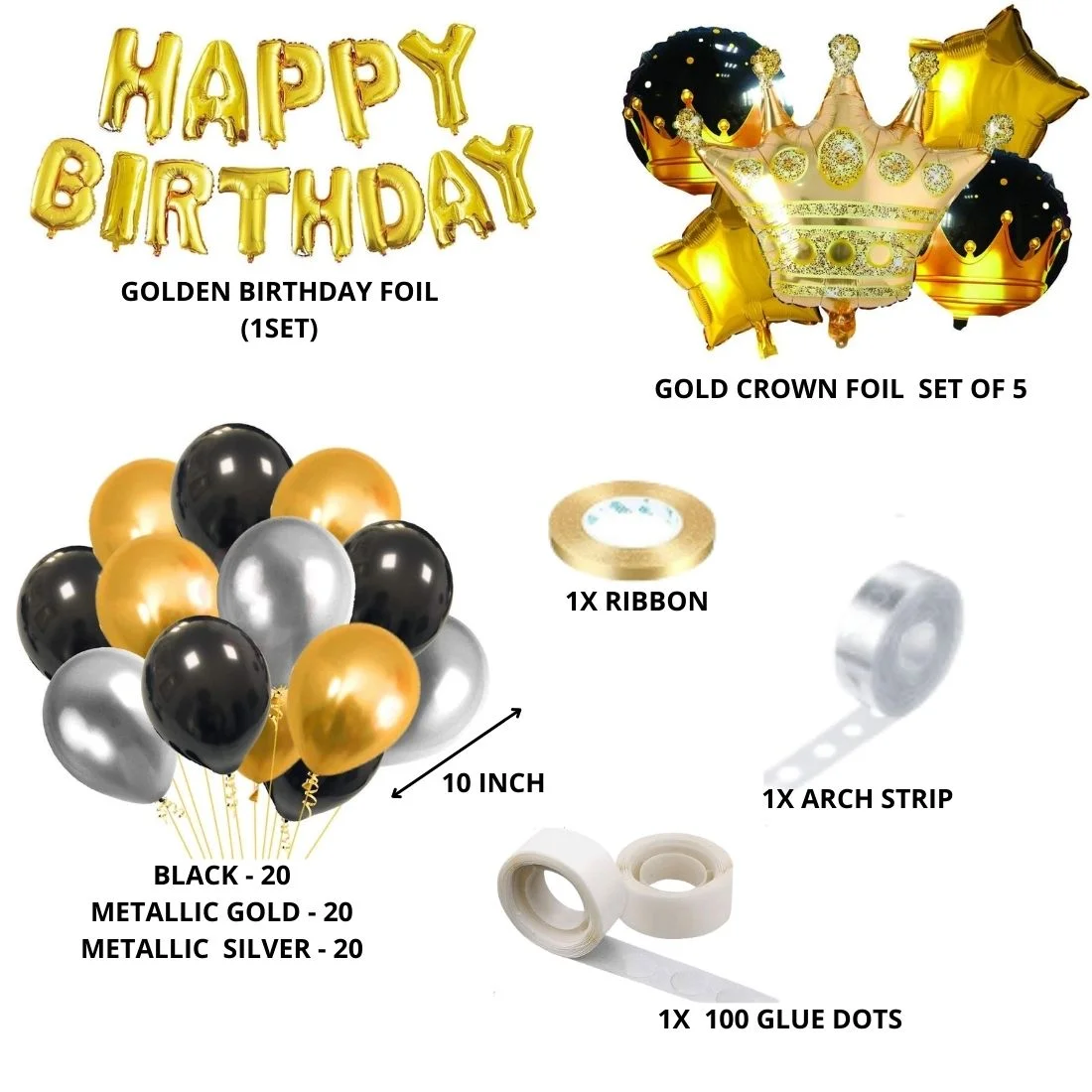 Gold Crown Theme Birthday Balloon Decoration DIY Kit (69 Pcs) - Premium Handcrafted 300 GSM Party Supply by Party Decor Mall India - View 2