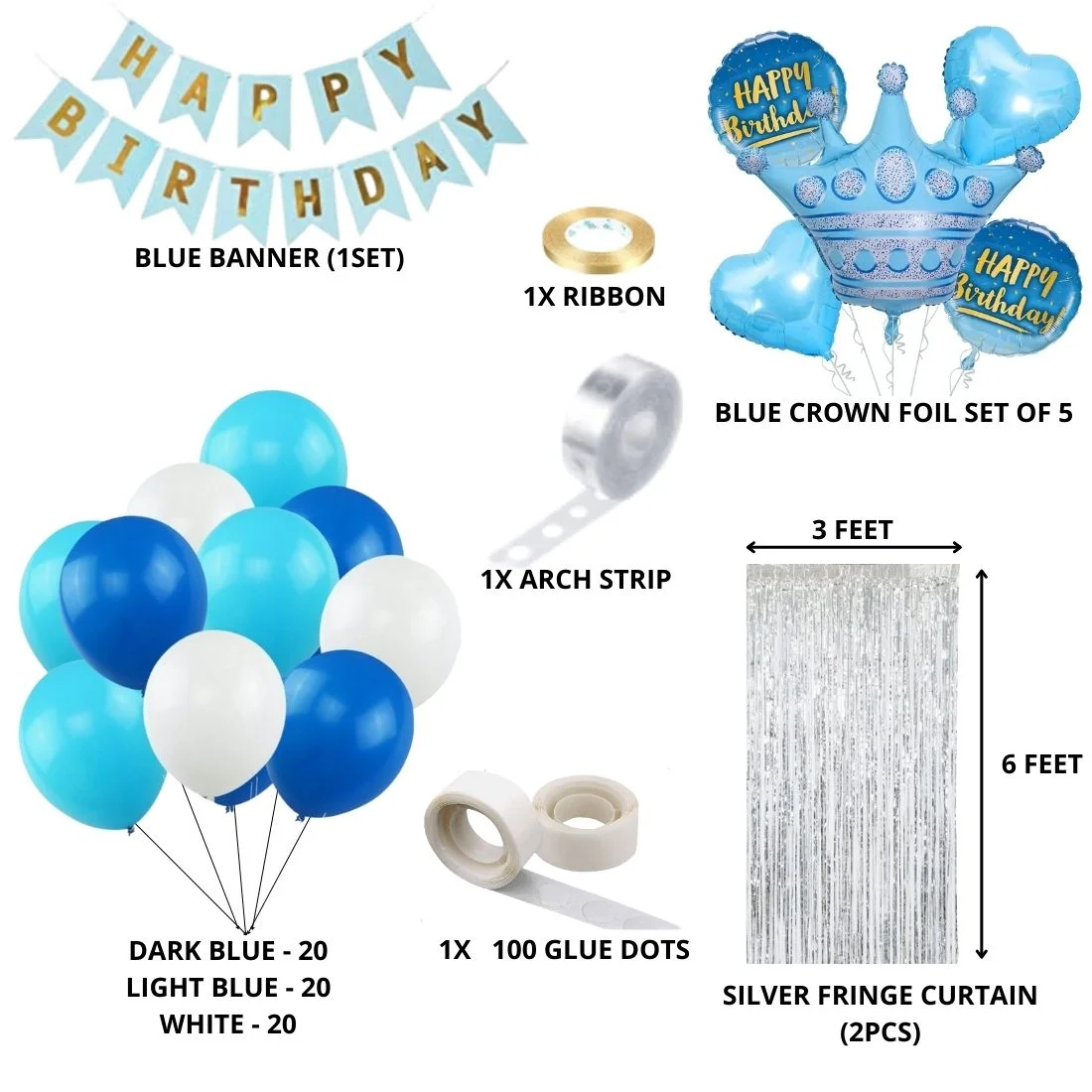 Blue Crown Theme Birthday Balloon Decoration DIY Kit (71 Pcs) - Premium Handcrafted 300 GSM Party Supply by Party Decor Mall India - View 2