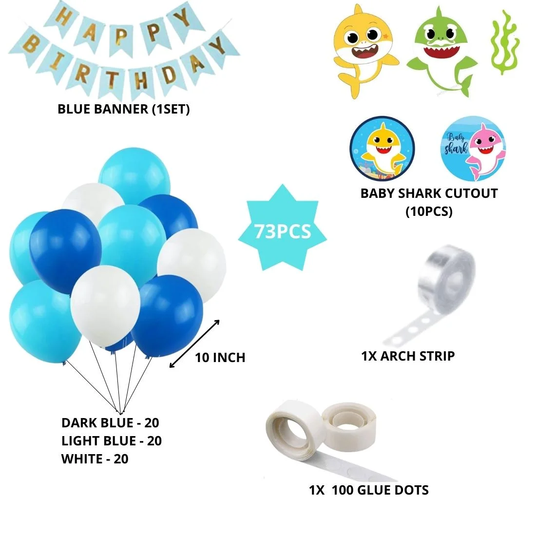 Baby Shark Theme Birthday Balloon Decoration DIY Kit (73 Pcs) - Premium Handcrafted 300 GSM Party Supply by Party Decor Mall India - View 2
