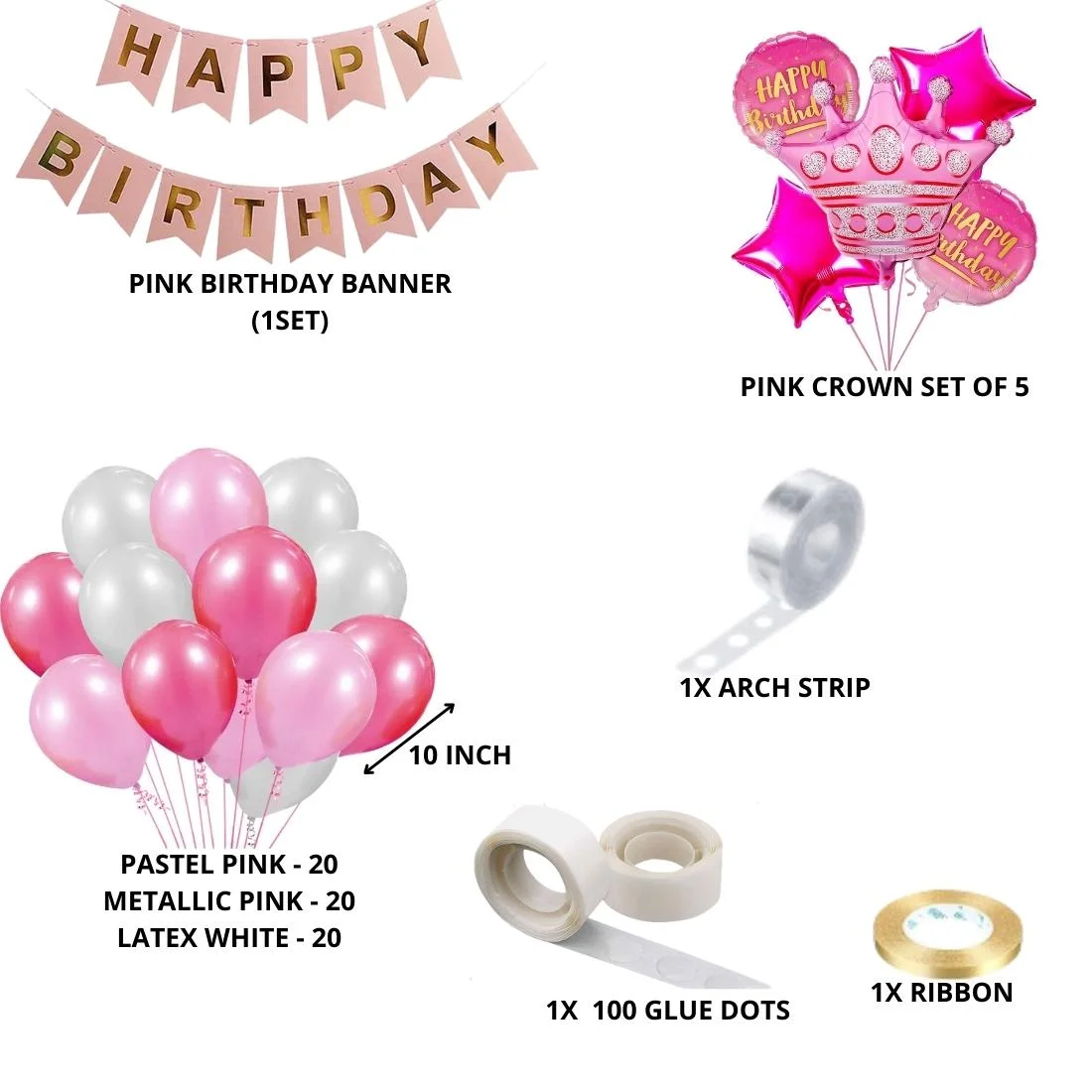 Pink Crown Theme Birthday Balloon Decoration DIY Kit (69 Pcs) - Premium Handcrafted 300 GSM Party Supply by Party Decor Mall India - View 2