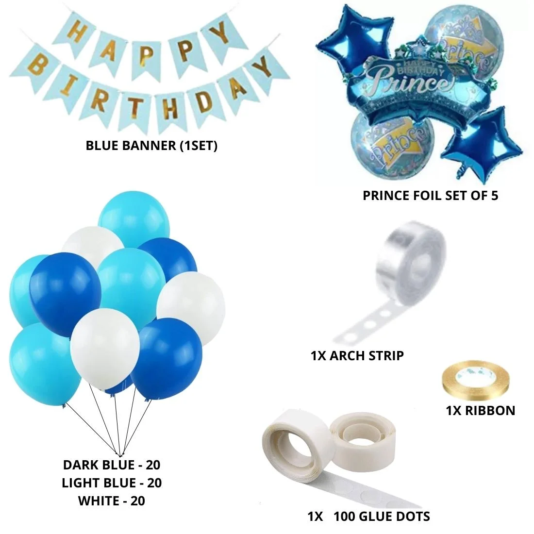 Blue Prince Theme Birthday Balloon Decoration DIY Kit (69 Pcs) - Premium Handcrafted 300 GSM Party Supply by Party Decor Mall India - View 2