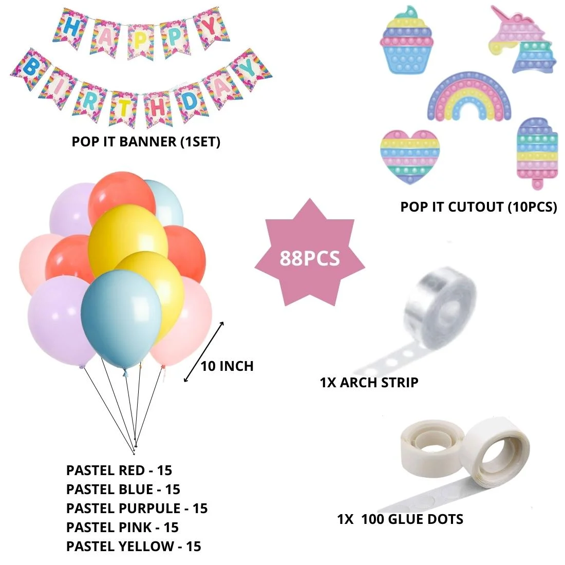 Pop It Birthday Decoration Kit(88 Pcs) - Premium Handcrafted 300 GSM Birthday Decoration by Party Decor Mall India - View 2