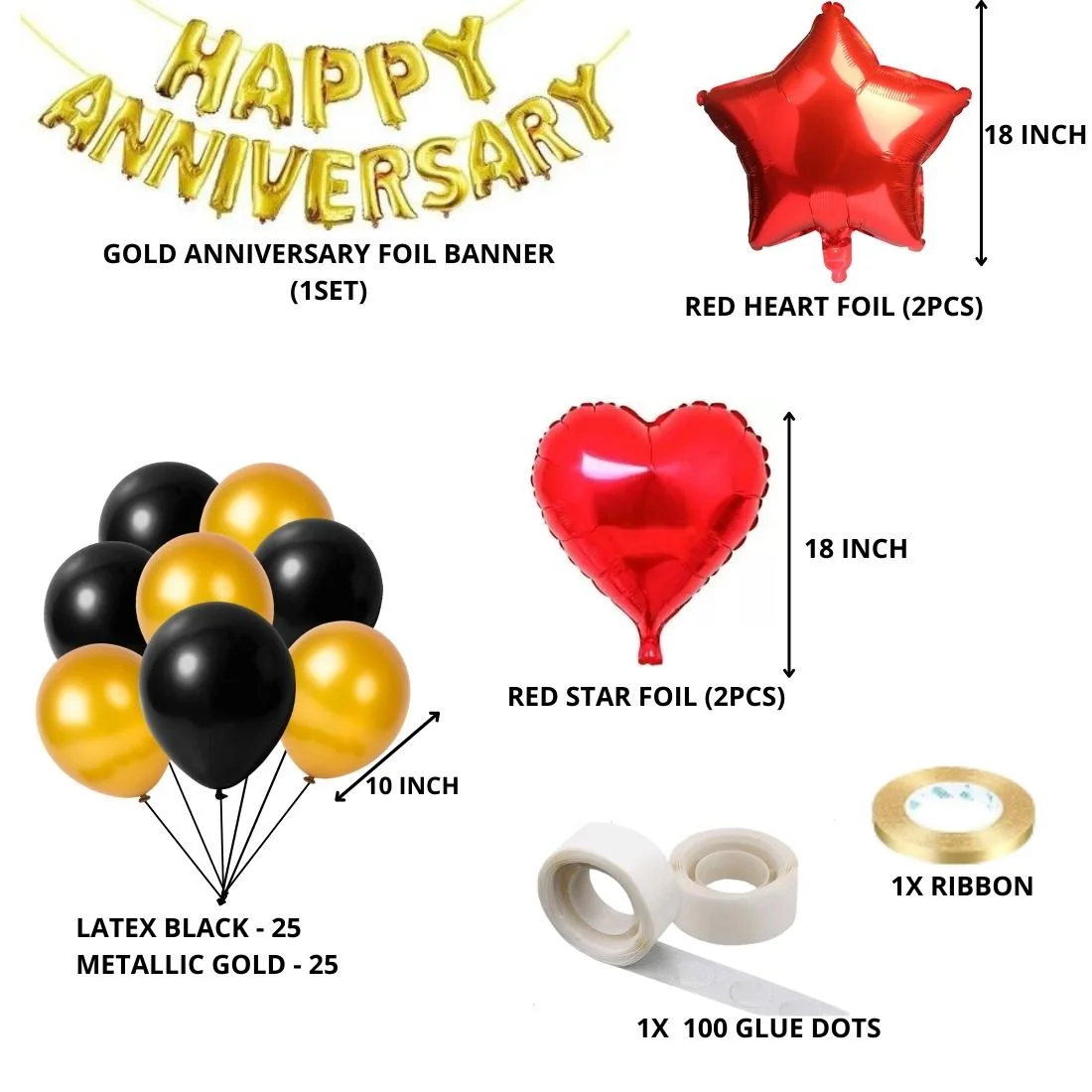 Happy Anniversary Decoration(Red/Gold/Black) - (69 Pcs) - Premium Handcrafted 300 GSM Party Supply by Party Decor Mall India - View 2