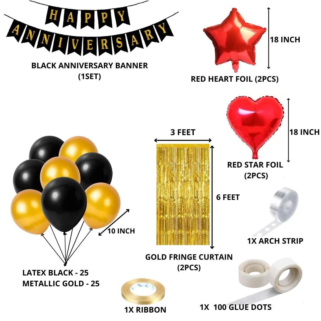 Happy Anniversary Decoration(Red/Gold/Black) - (71 Pcs) - Premium Handcrafted 300 GSM Party Supply by Party Decor Mall India - View 2