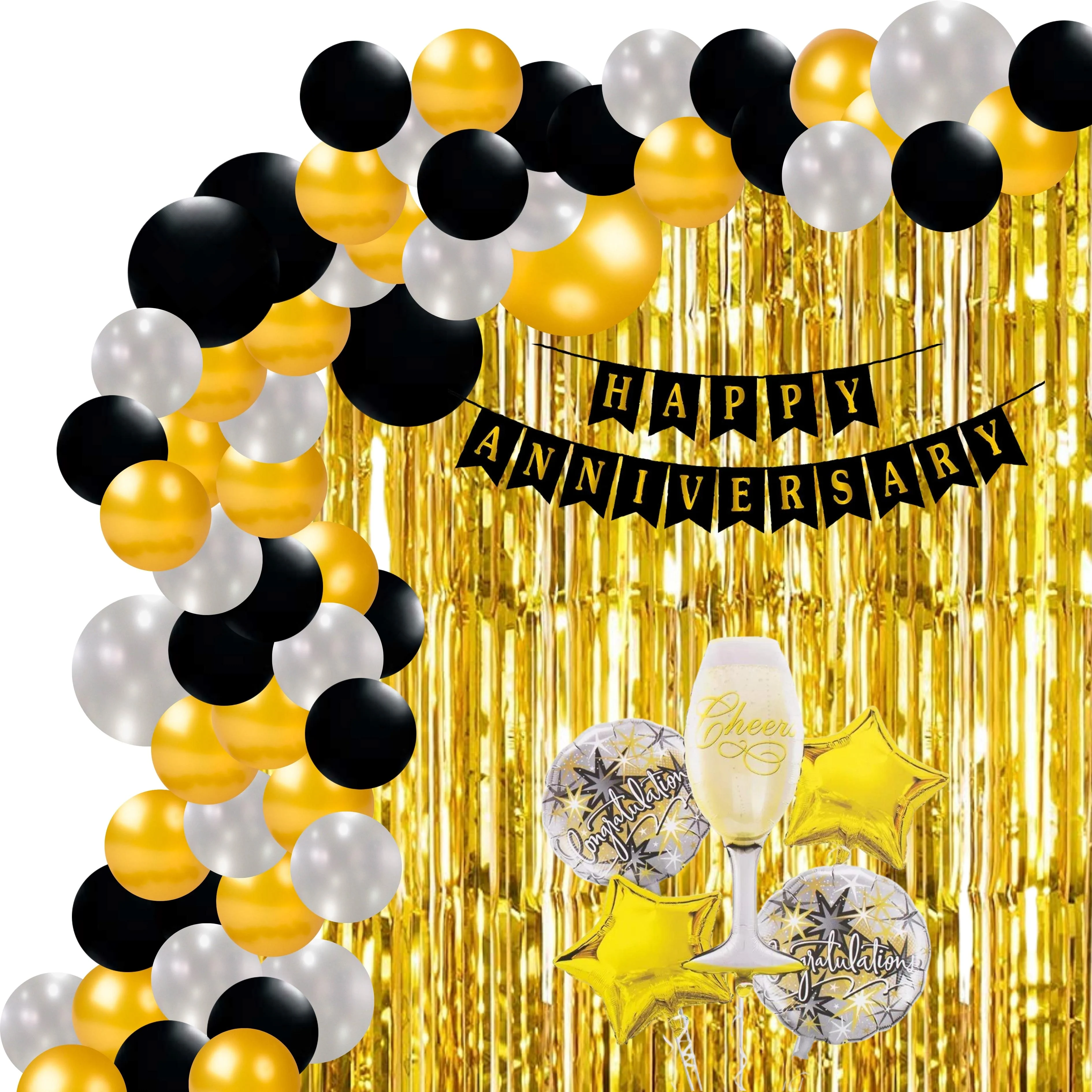 Happy Anniversary Decoration(Black/Silver/Gold) - (71 Pcs) - Premium Handcrafted 300 GSM Party Supply by Party Decor Mall India - View 1